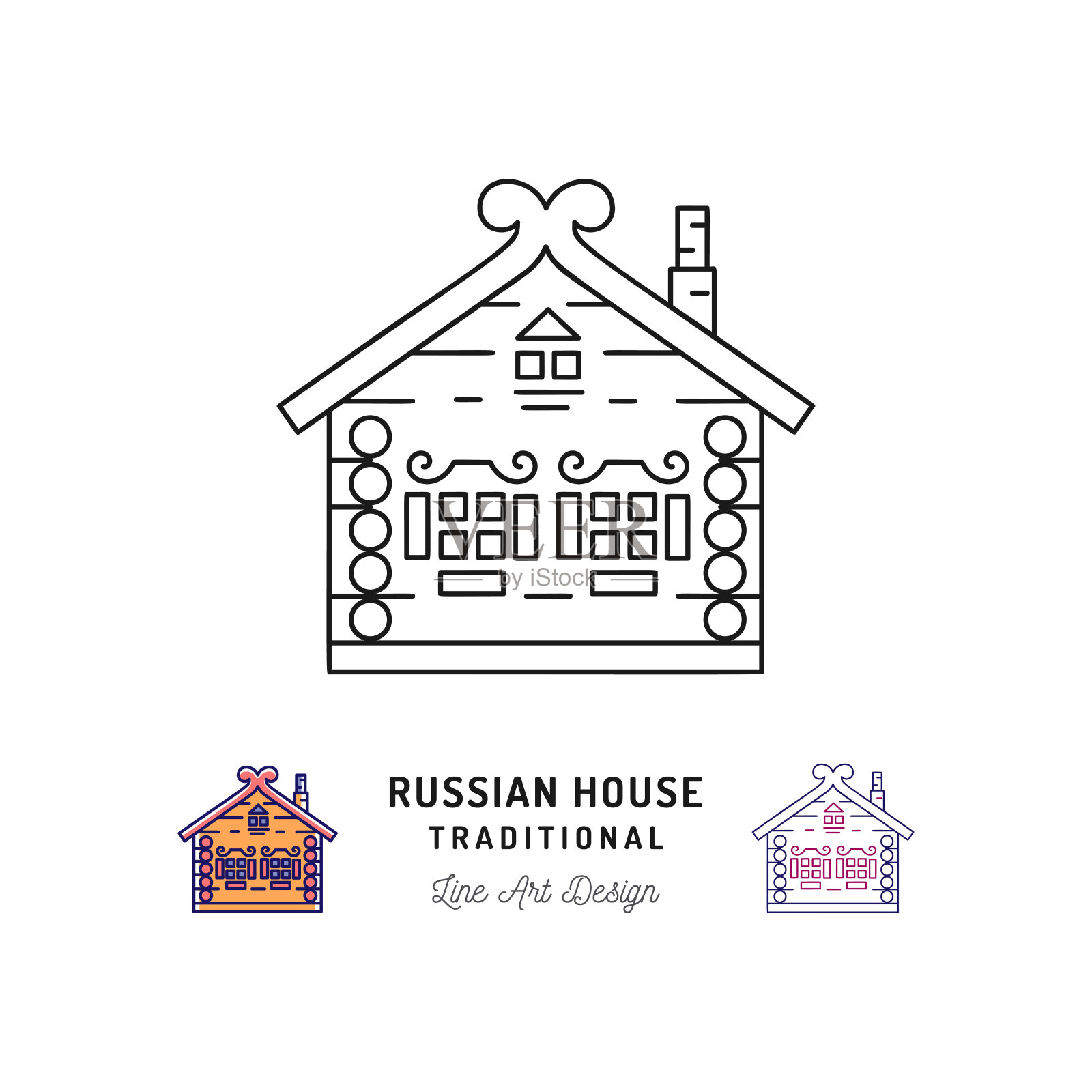 木制的房子，圣诞老人的房子，俄罗斯传统的房子。在俄罗斯旅游的象征，细线艺术的图标。向量设计元素图片