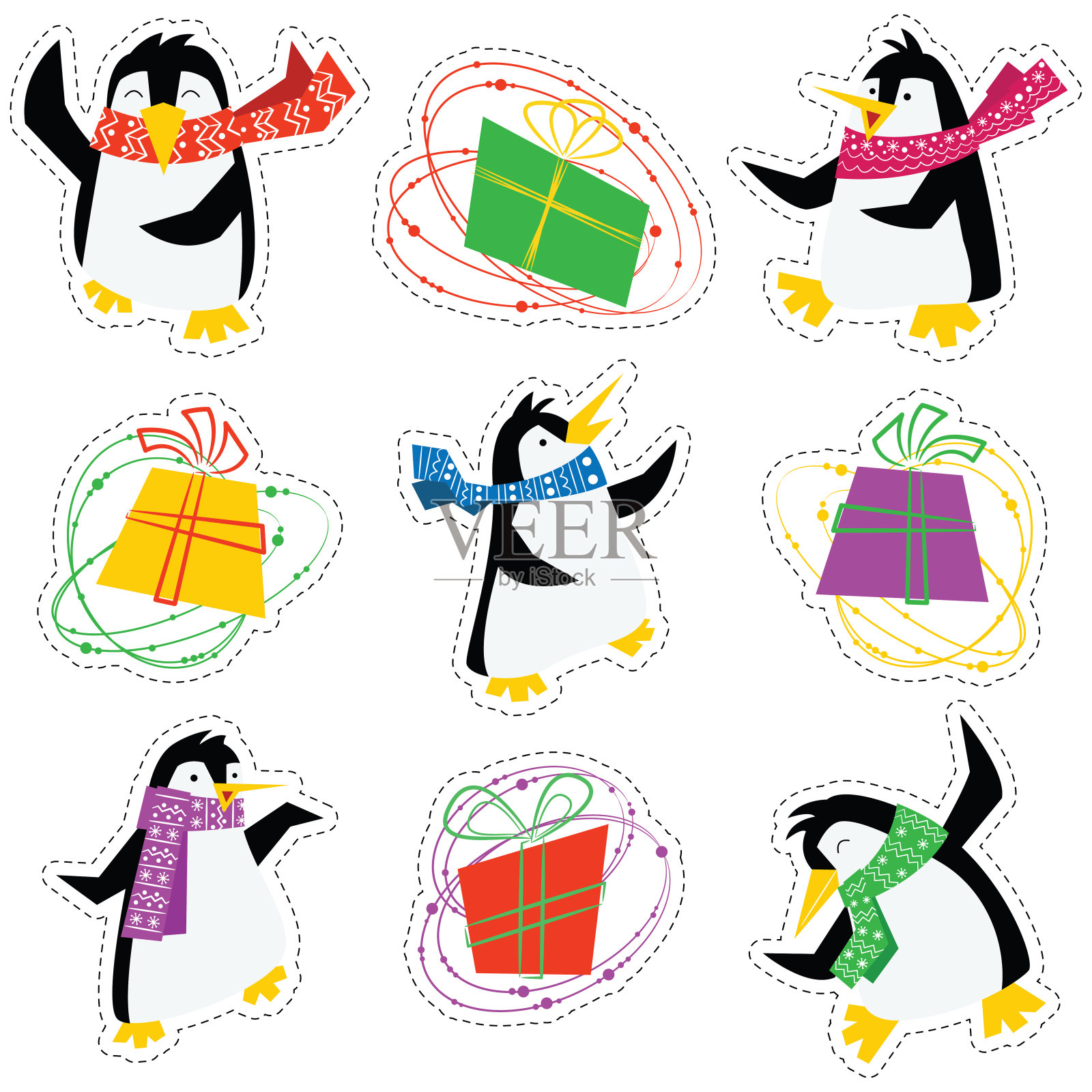 跳舞的圣诞企鹅在一个明亮的围巾和彩色的礼品盒贴纸集。插画图片素材