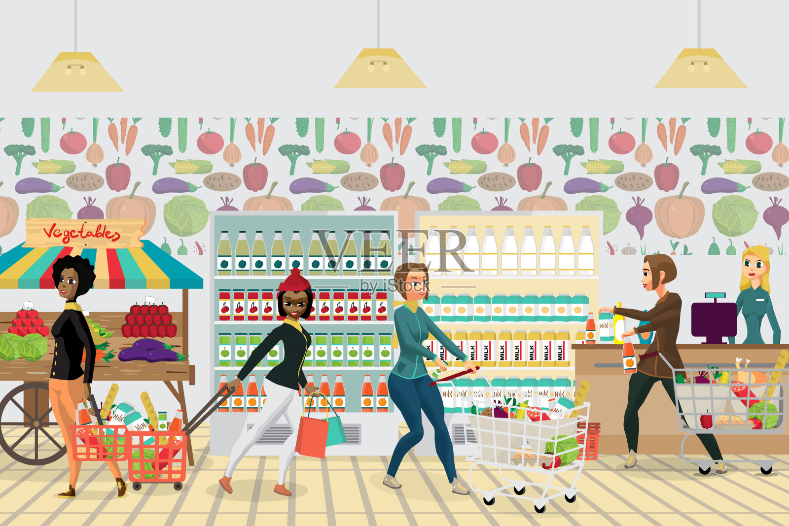 超市杂货店。女性购买食物、牛奶、蔬菜和水果插画图片素材