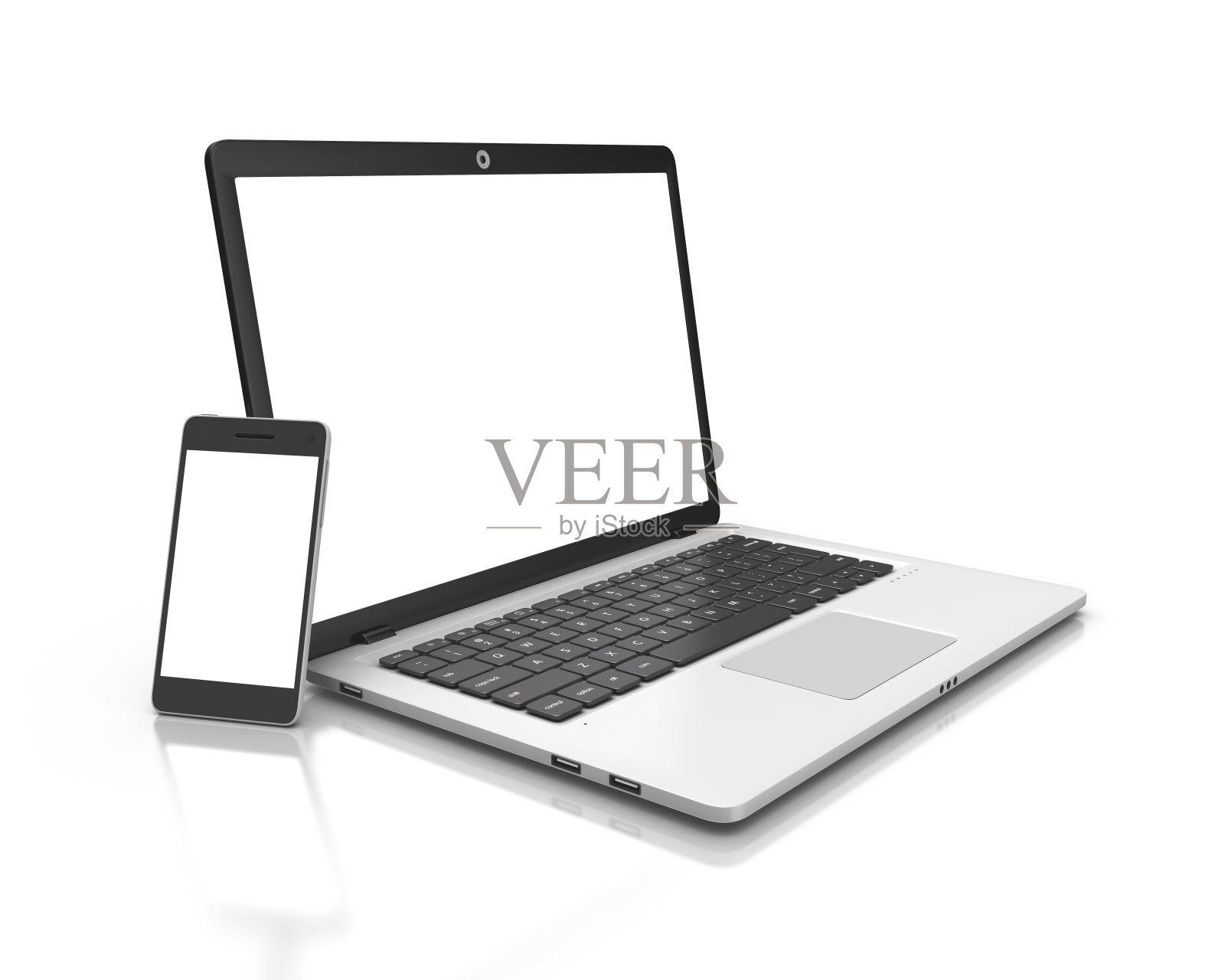 现代笔记本电脑和智能手机在白色隔离。照片摄影图片