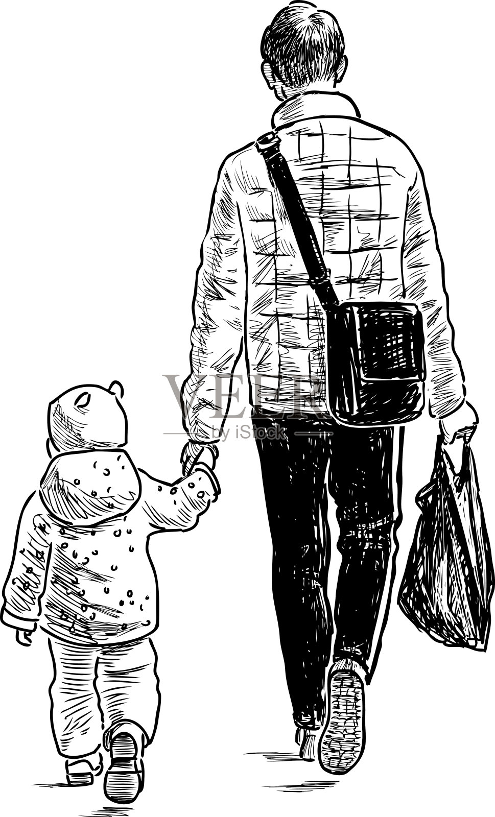 爸爸和他的孩子从商店出来插画图片素材