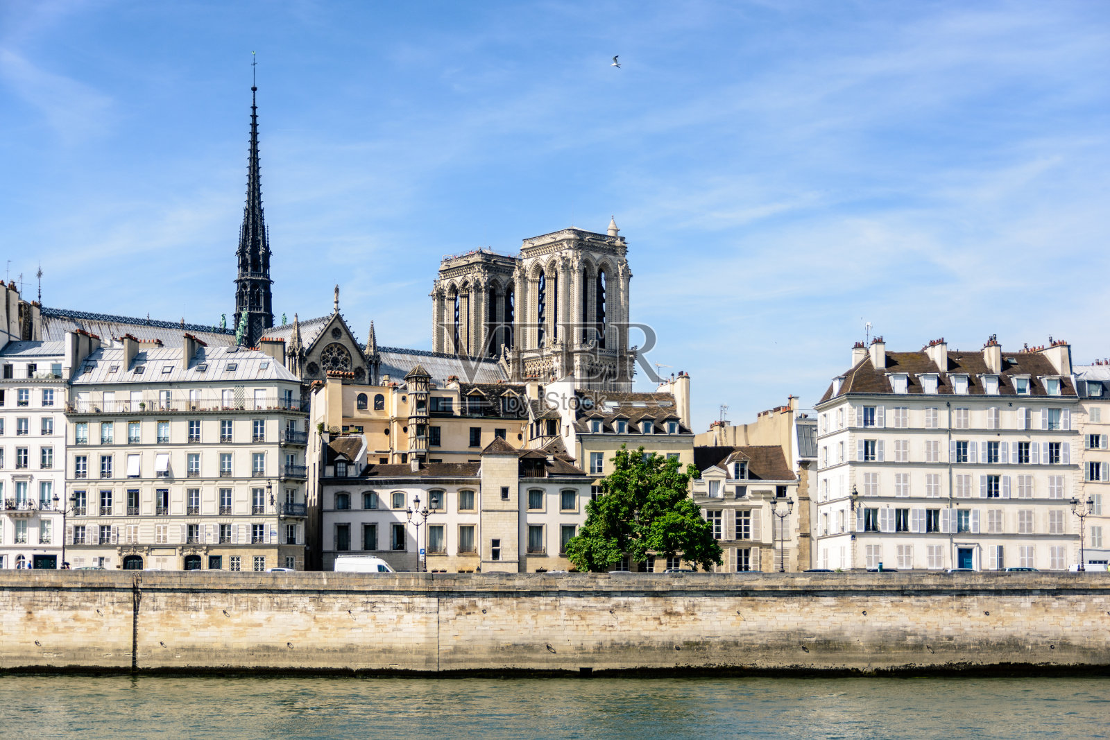 巴黎圣母院的巴黎圣母院和典型的巴黎建筑在前景照片摄影图片