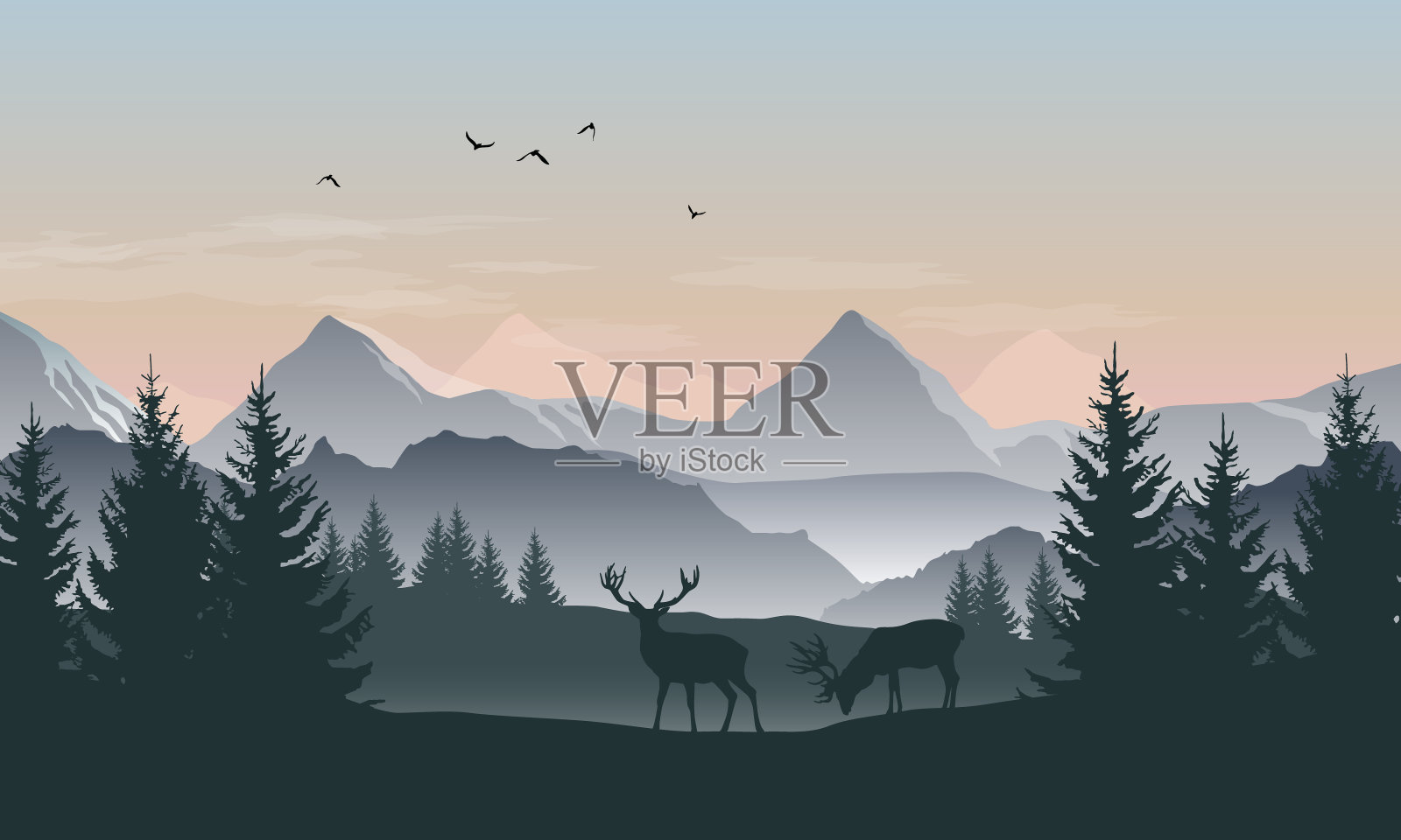 矢量景观与山的剪影，树木和两只鹿与日出或日落的天空插画图片素材
