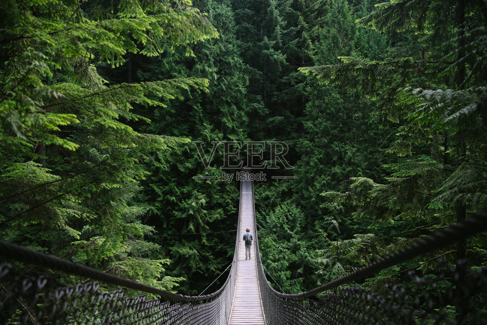 一个人在探索一个湖和走吊桥的冒险照片摄影图片