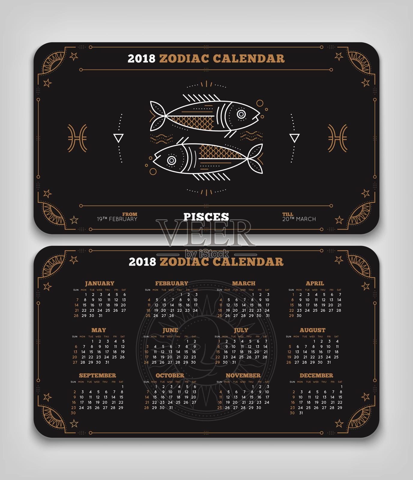 双鱼座2018年生肖日历口袋大小水平布局双面黑色设计风格矢量概念插图插画图片素材
