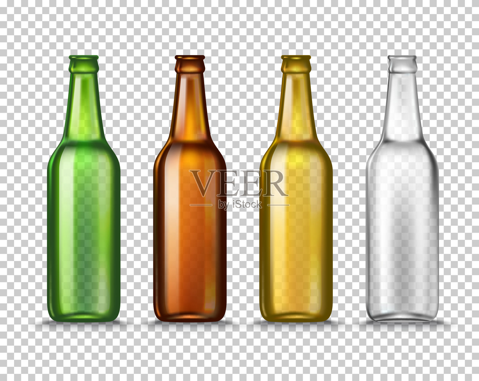 现实的绿色，棕色，黄色和白色空啤酒瓶孤立在一个透明的背景。矢量插图。为产品包装广告制作模板。设计元素图片