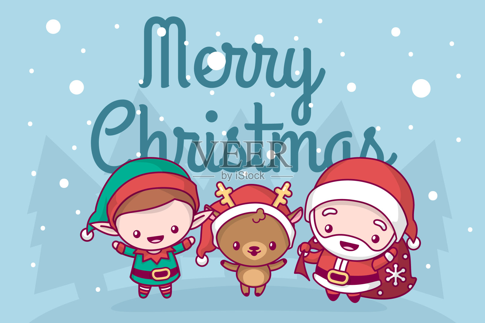 可爱可爱的卡哇伊。雪下有圣诞老人、小鹿和小精灵。圣诞快乐;恭贺新禧。贺卡插画图片素材