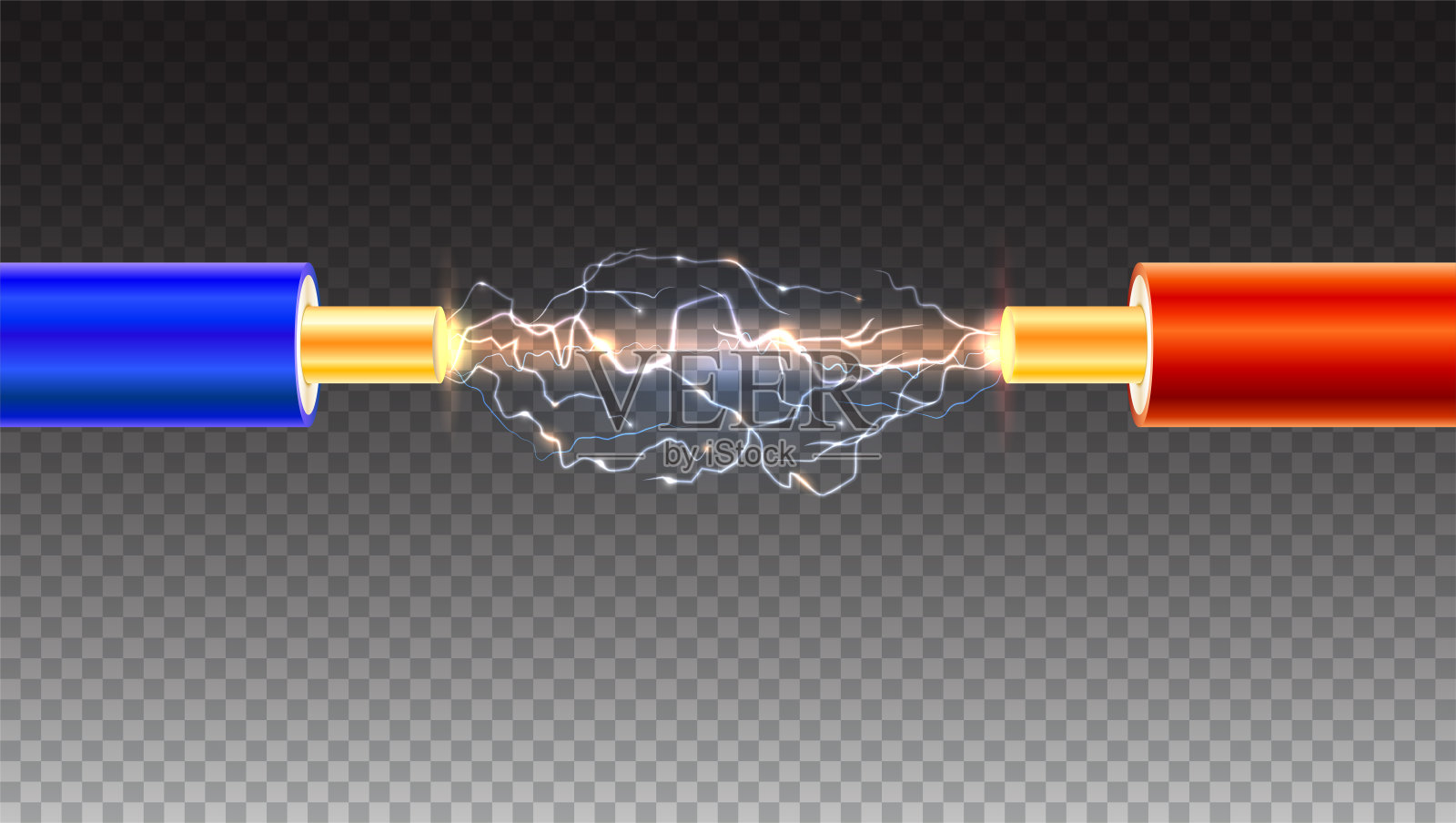 电缆与火花的透明背景。铜电缆在彩色绝缘和电线之间的电弧。背景介绍或广告插画图片素材