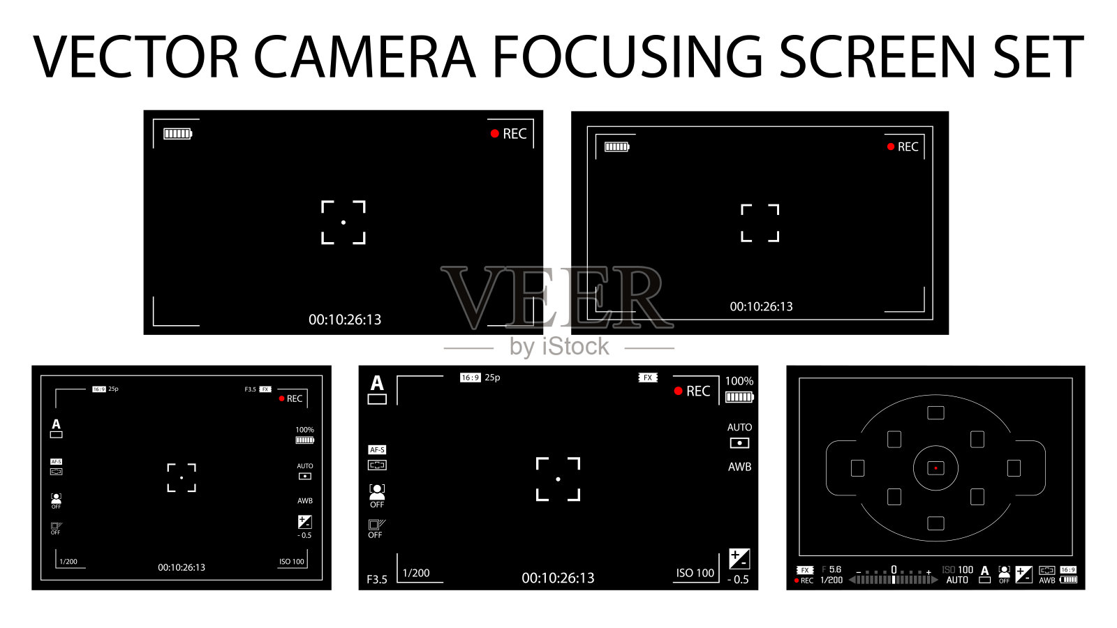现代相机对焦屏幕设置为5合一包-数码，无反光镜，单反。黑色取景器摄像机记录孤立。矢量图插画图片素材