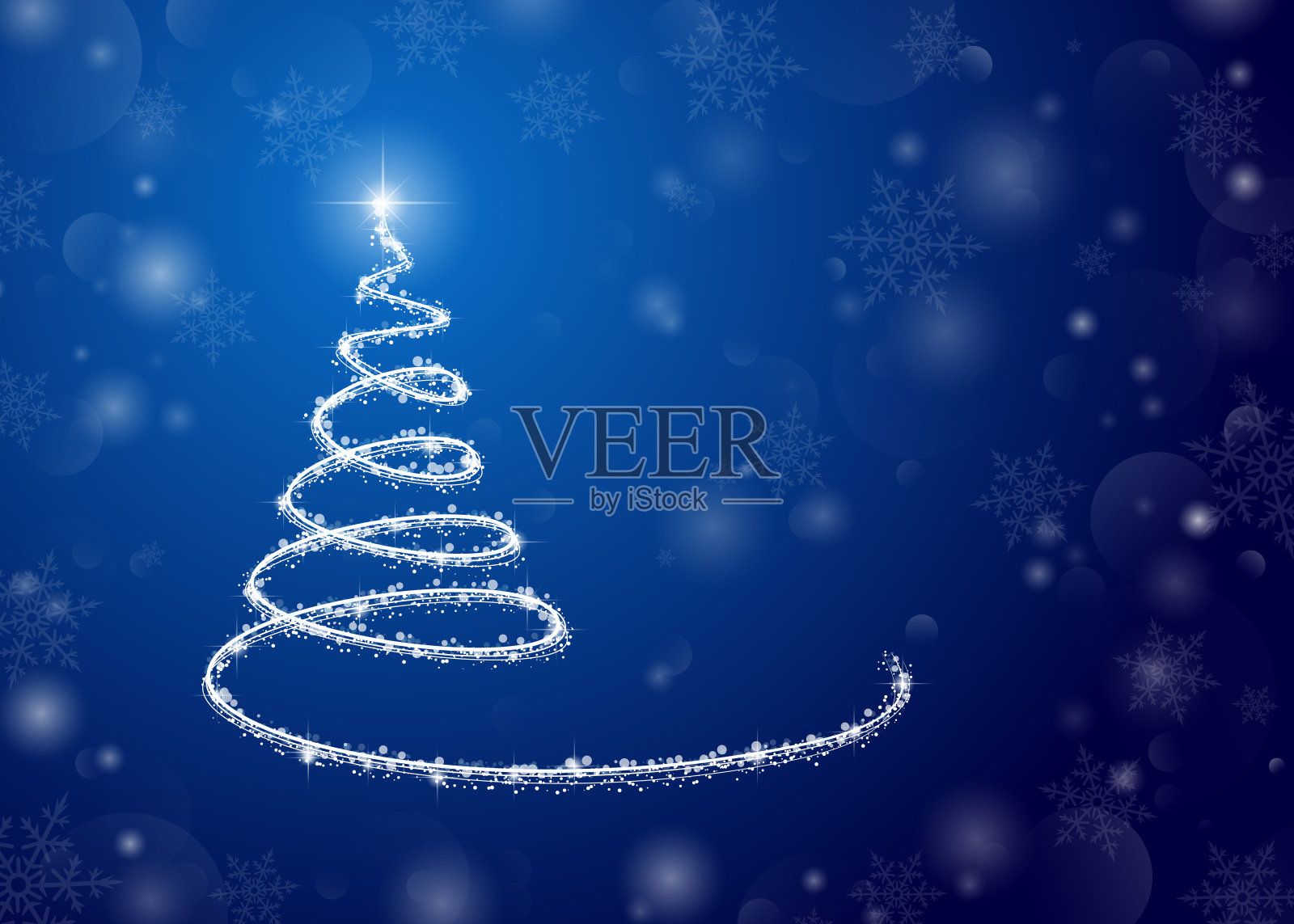 圣诞背景，一棵发光的蓝色圣诞树。用于海报、明信片、问候、新年和圣诞节的装饰。插画图片素材