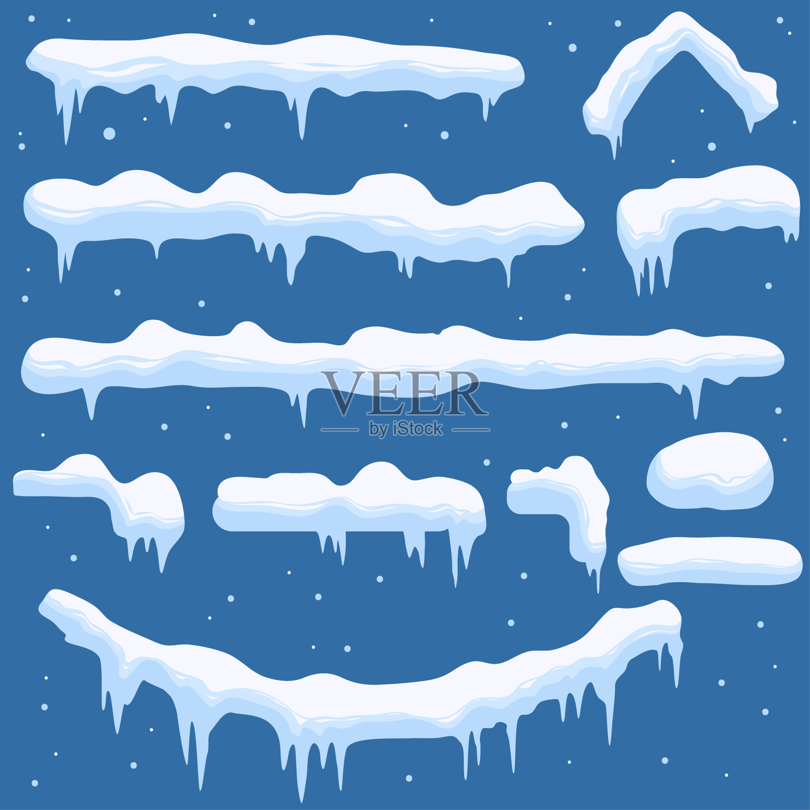 雪堆，冰柱，冰帽，雪帽和雪花。向量设计元素图片