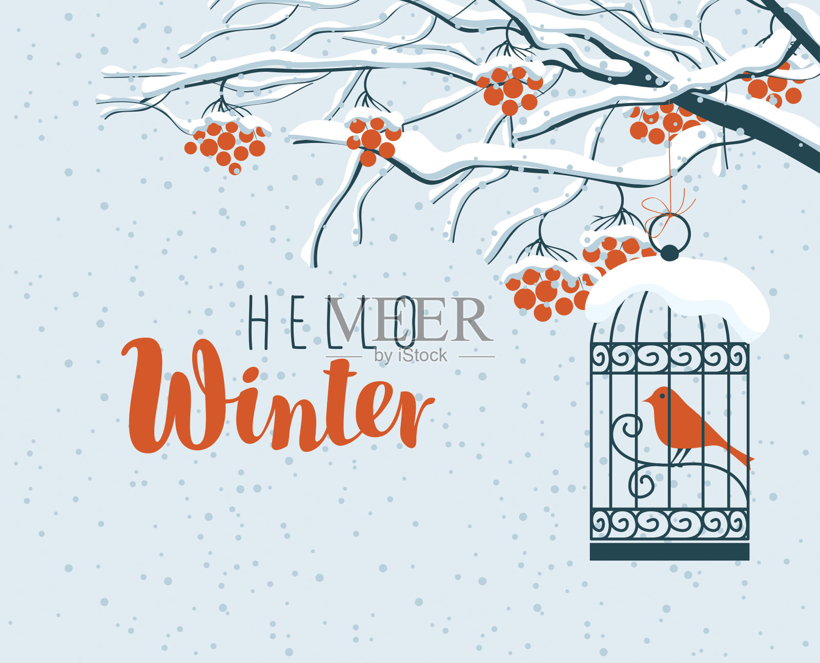 冬天的风景是白雪覆盖的花楸和鸟儿插画图片素材