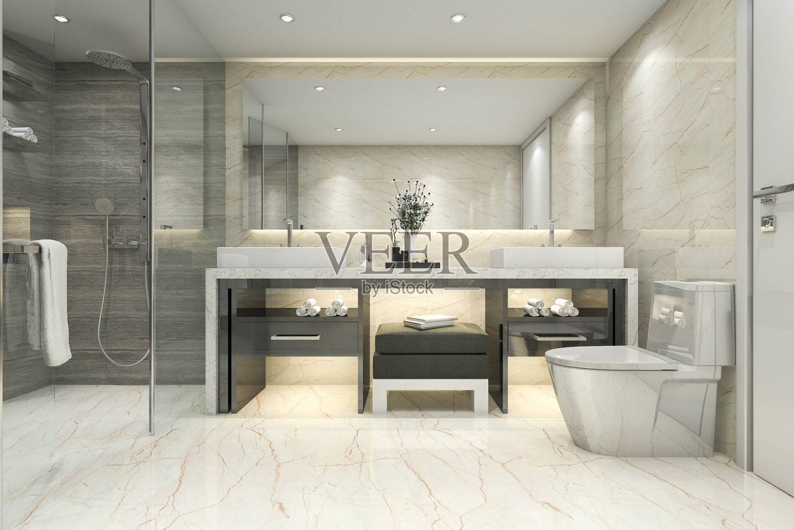 3d渲染现代经典浴室与豪华瓷砖装饰照片摄影图片
