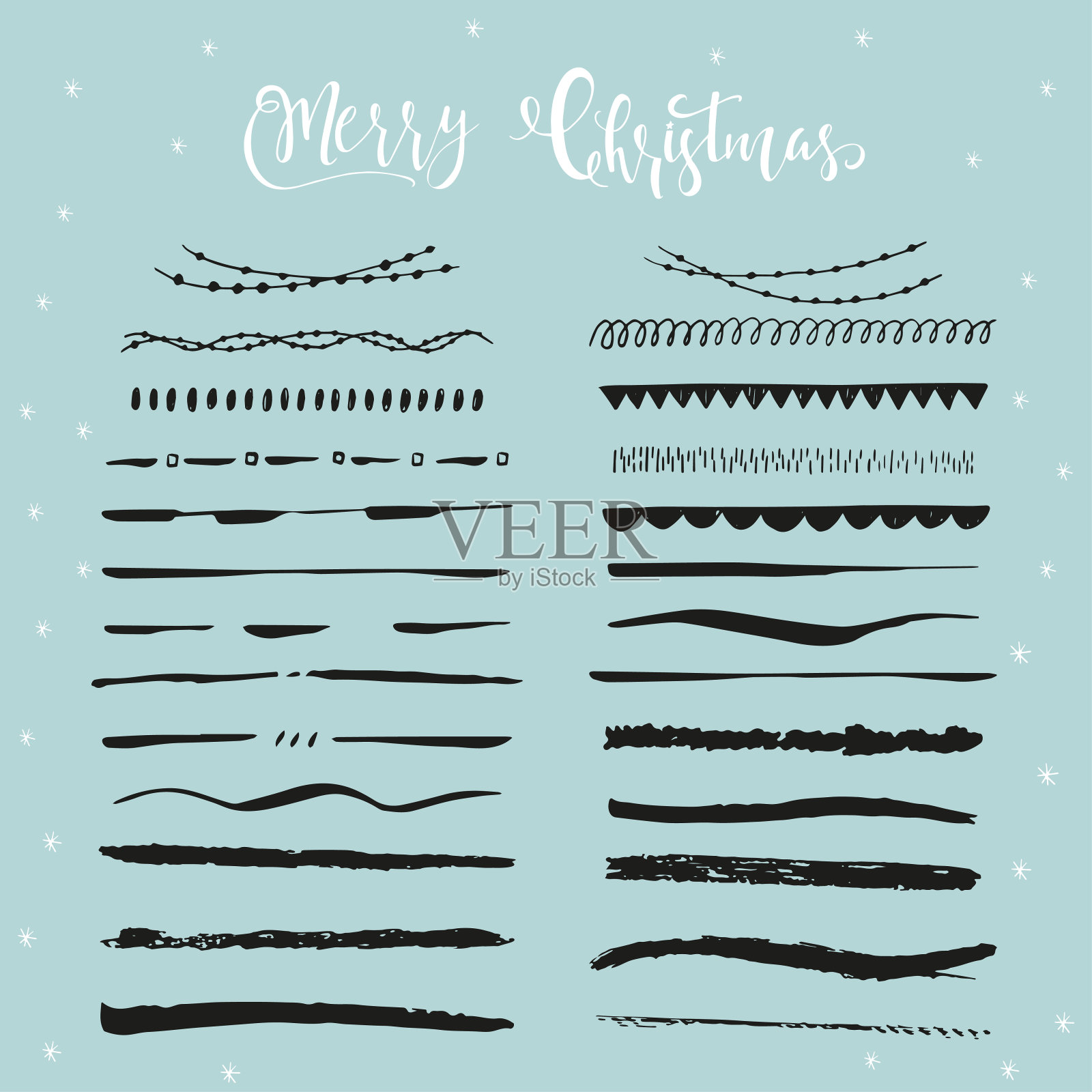 手工绘制的圣诞边界与字母的收集。插画图片素材