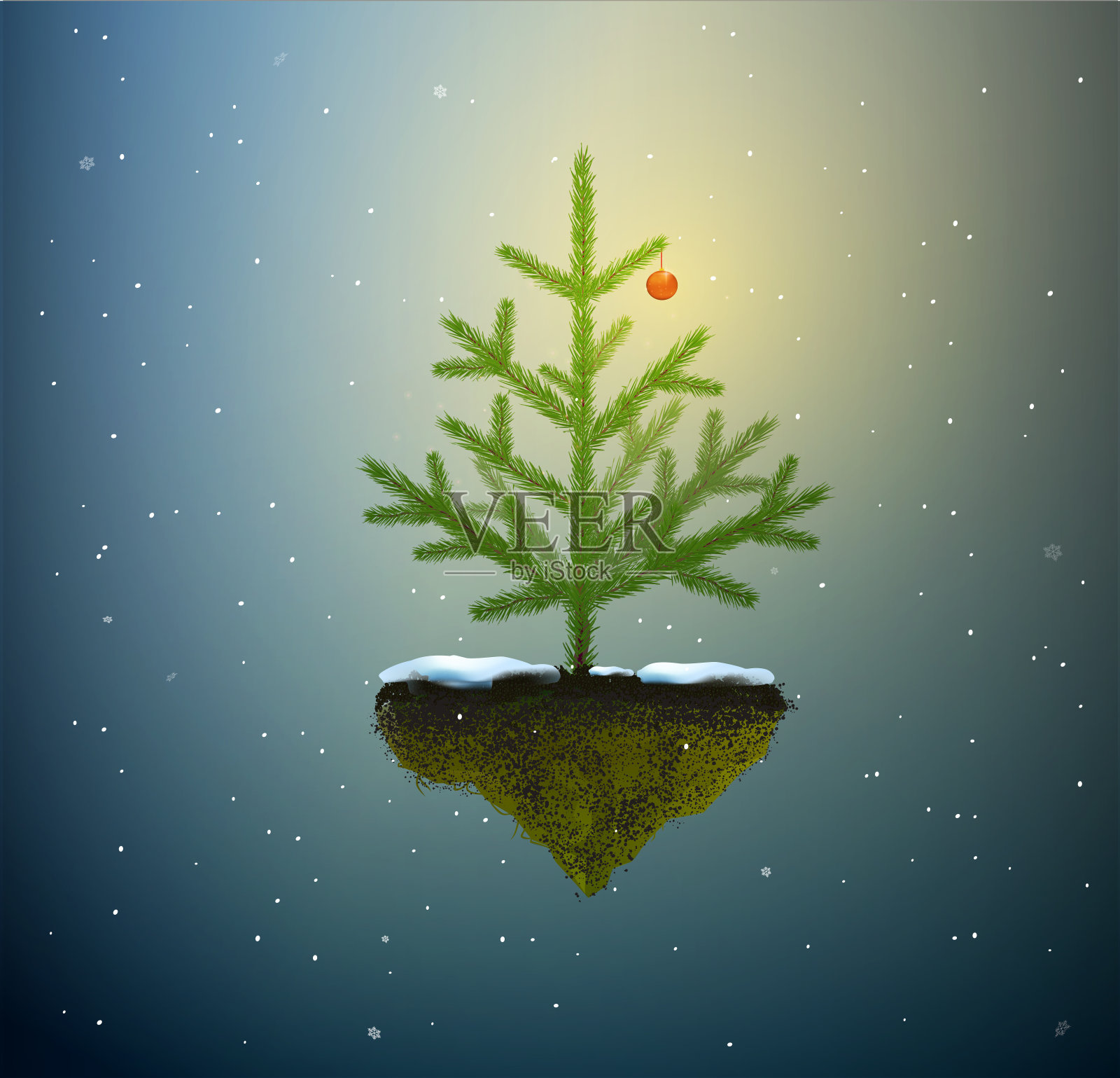 圣诞树上长着一个红色的泡泡，在梦幻般的天空中飞翔的岩石上，圣诞仙女，插画图片素材