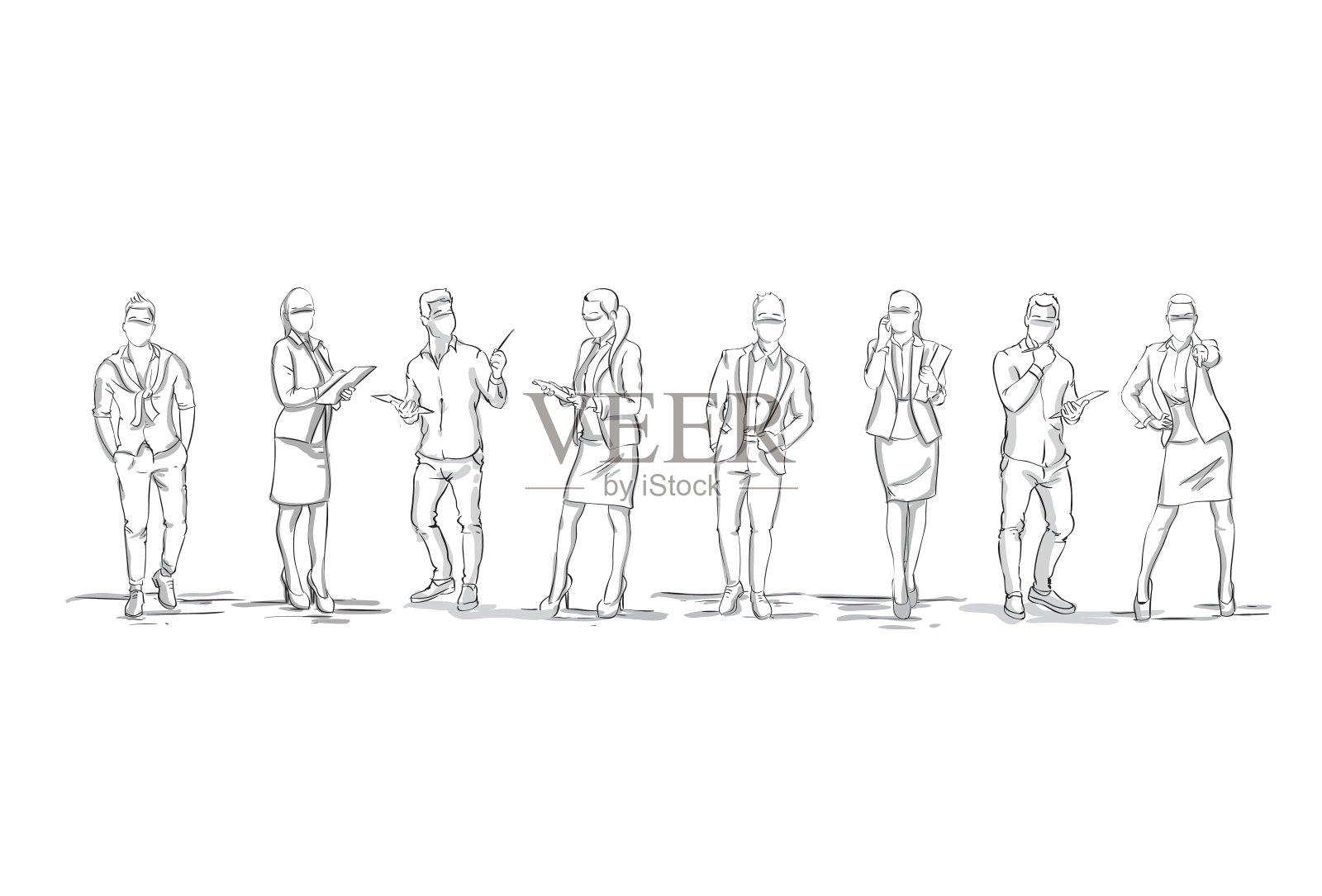 一组素描剪影的商人人物商人妇女和商人完整的长度在白色的背景插画图片素材