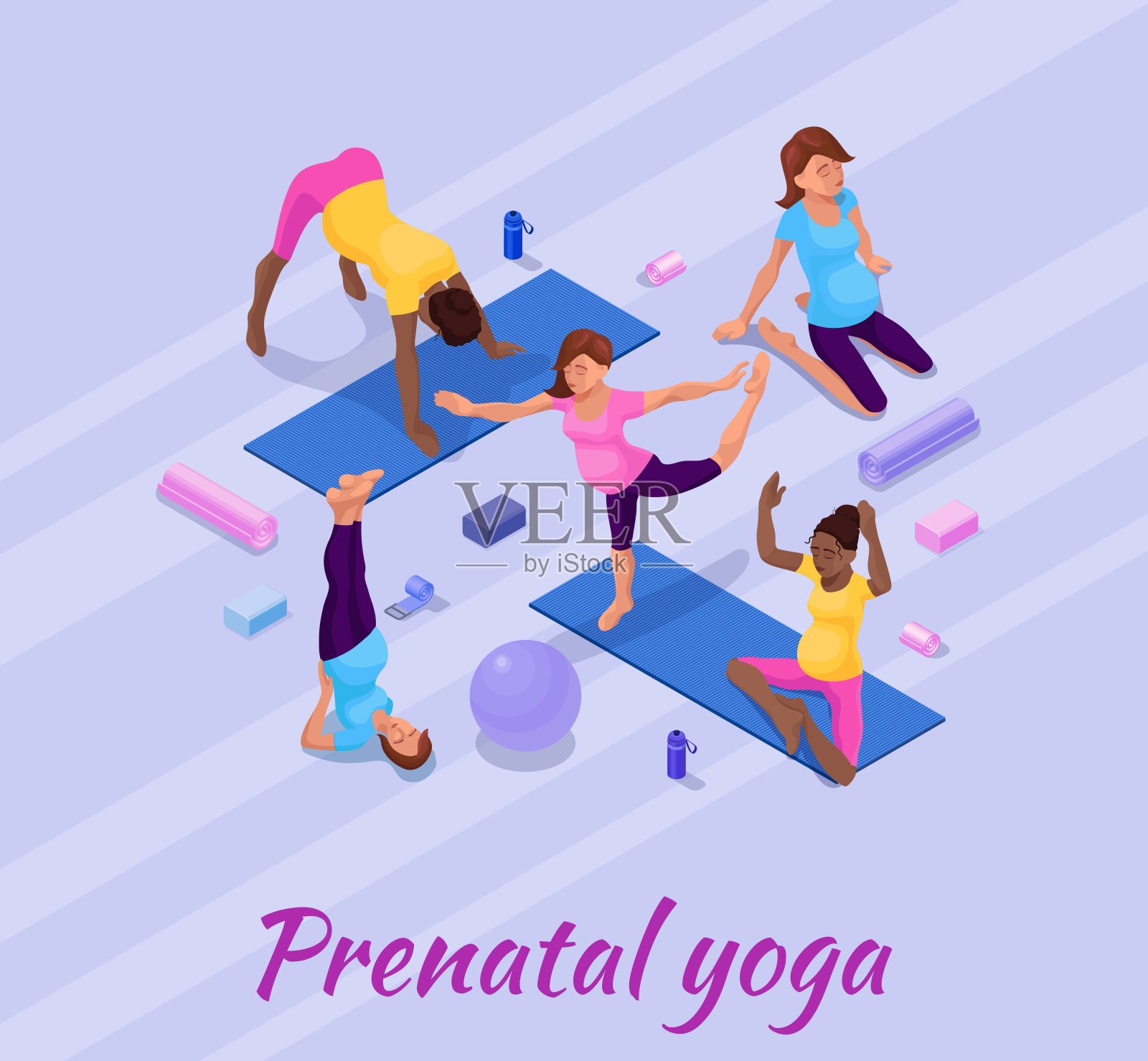 孕期瑜伽横幅，孕妇做身体健身锻炼，等角三维矢量插图与运动训练，放松和冥想姿势收集插画图片素材