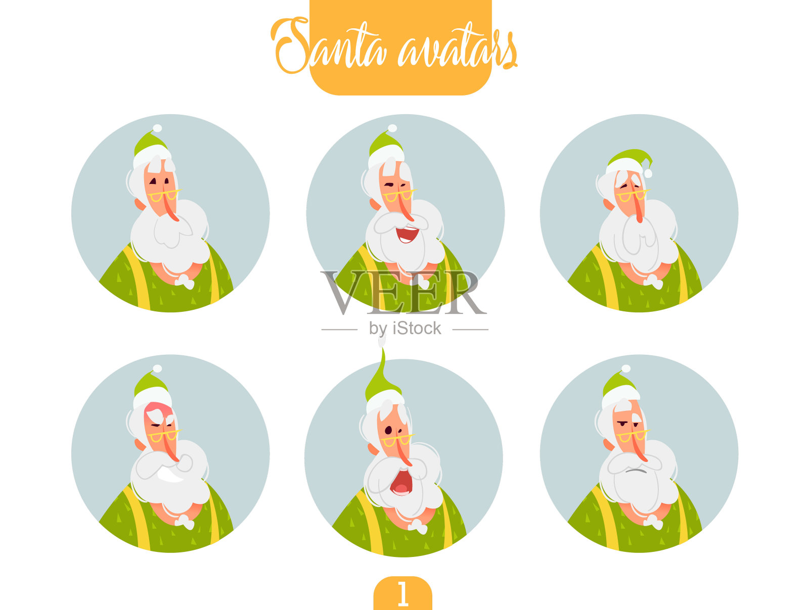 圣诞老人的图标集。不同的表情和情绪设计元素图片