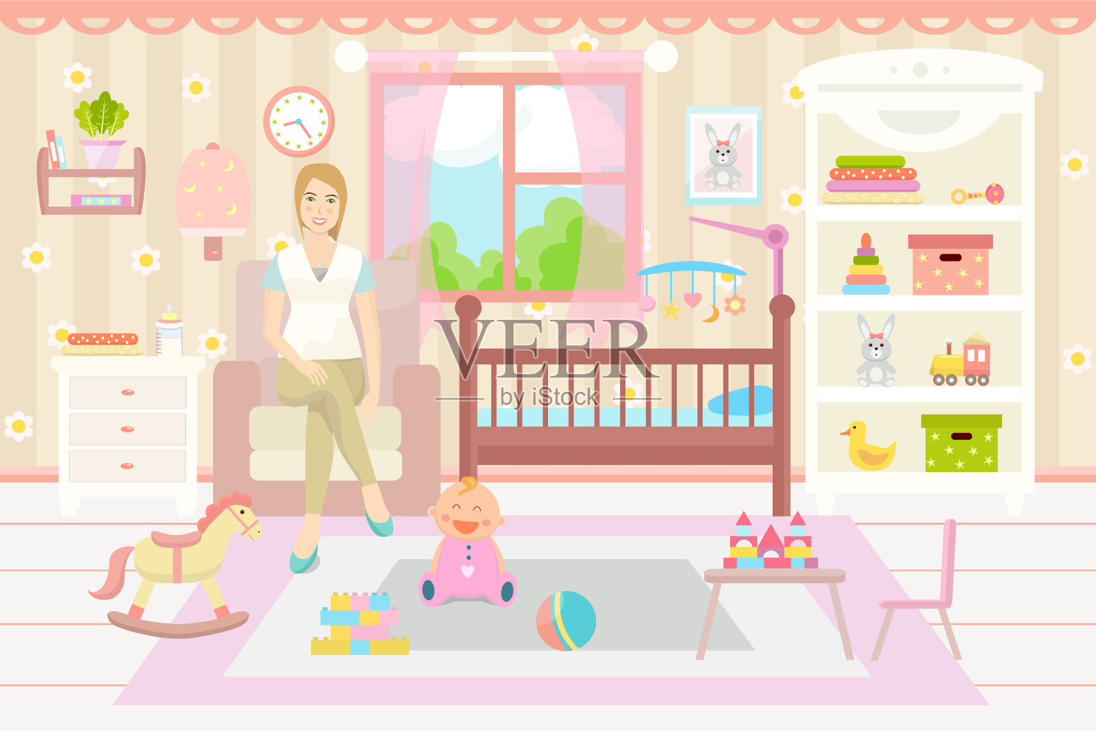 婴儿房间内部。有玩具、婴儿床、扶手椅和小地毯的婴儿房插画图片素材
