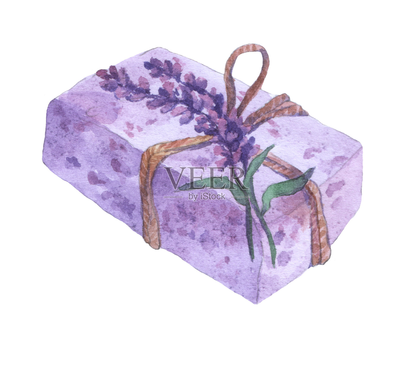 天然手工香皂与薰衣草花。水彩插图上的白色背景。插画图片素材