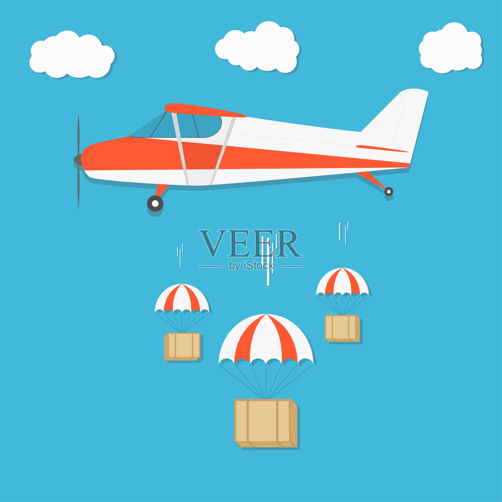 交付。飞机与降落伞箱包裹在蓝天的背景插画图片素材