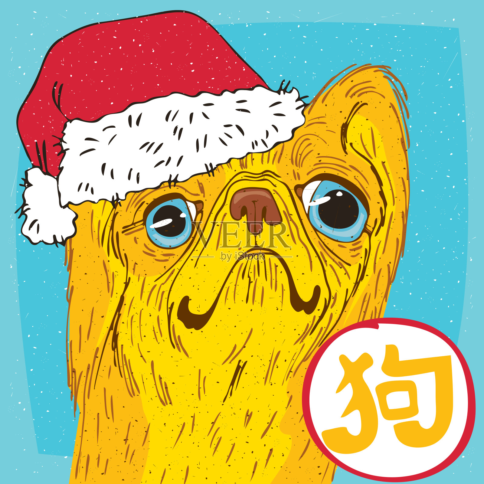 北京狗或狮子狗戴着圣诞老人的帽子插画图片素材