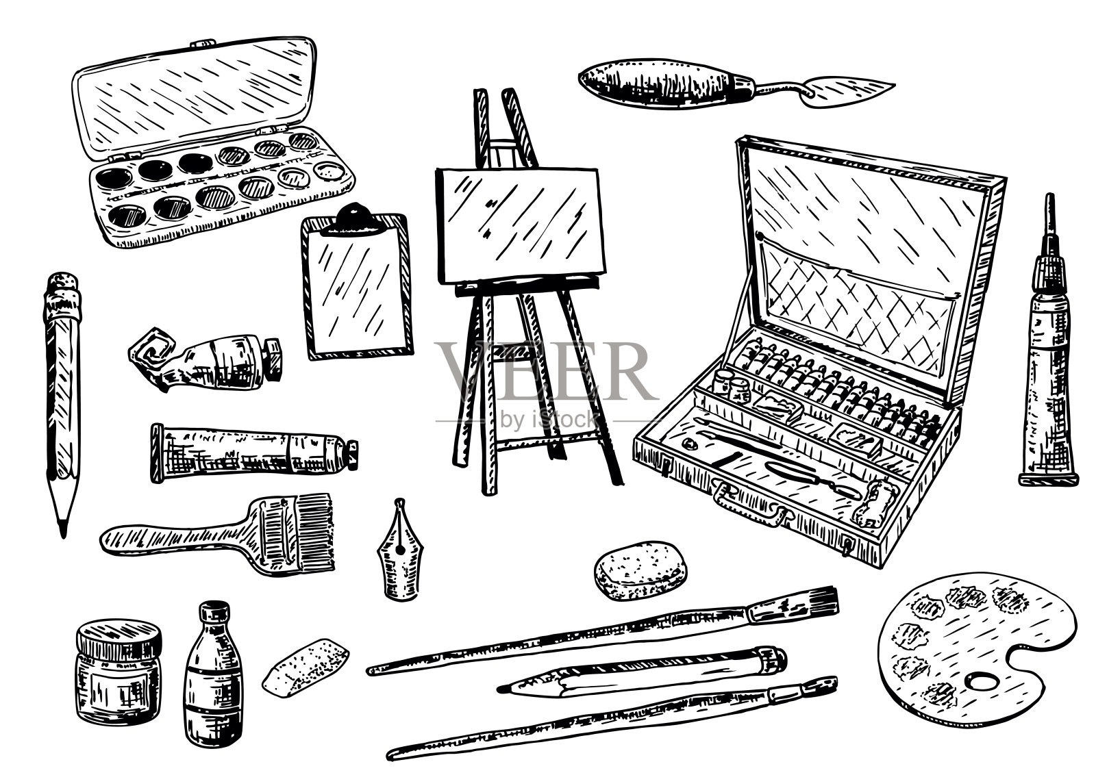 矢量墨水手绘绘画工具和配件集插画图片素材