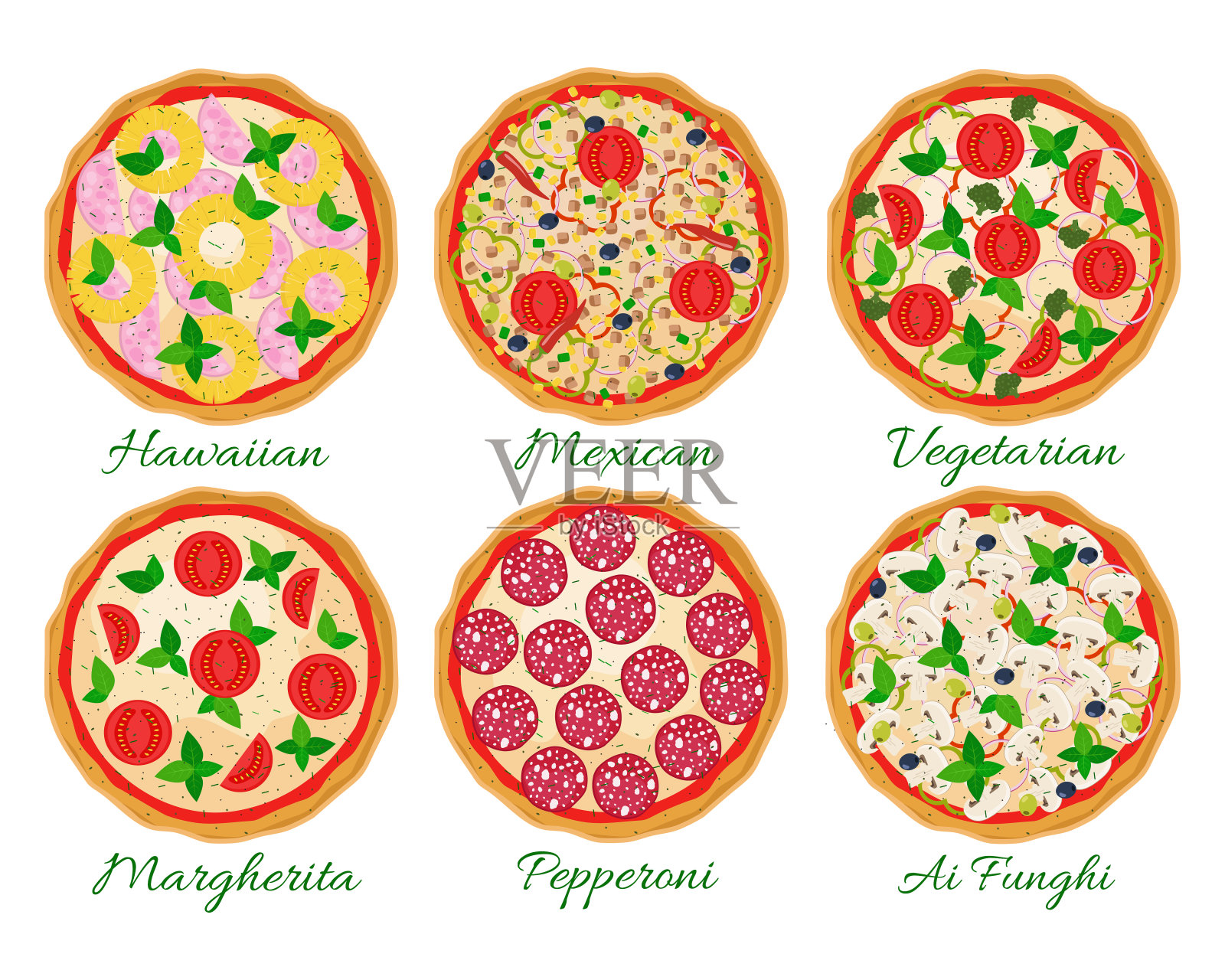 披萨。夏威夷，玛格丽塔，意大利辣香肠，素食，墨西哥，蘑菇披萨。比萨配料。设计元素图片