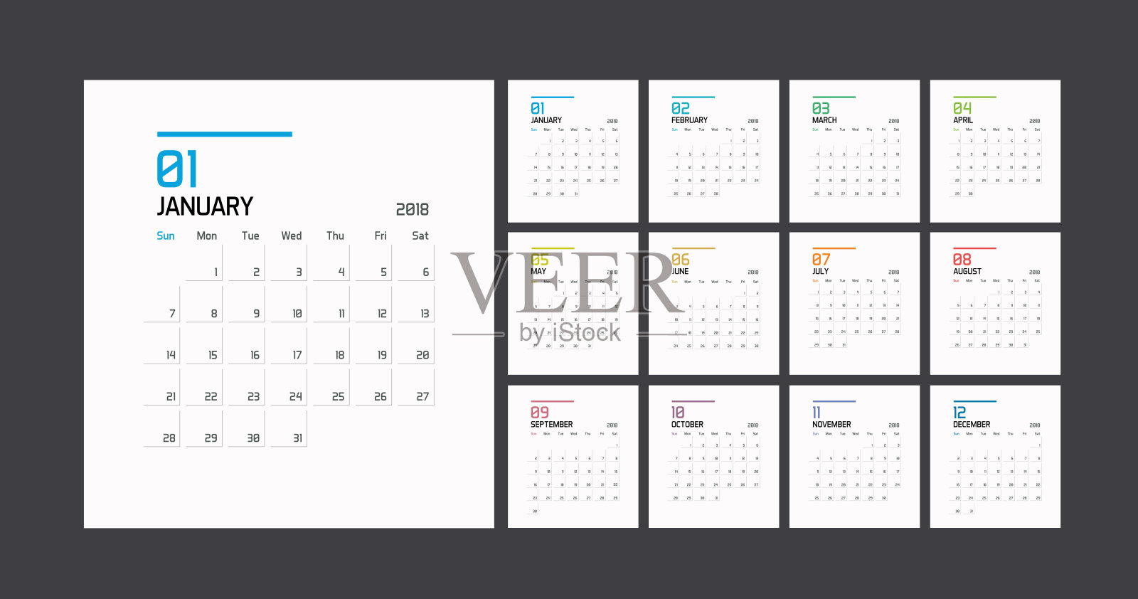 现代最小日历计划模板2018年。矢量设计可编辑模板设计模板素材