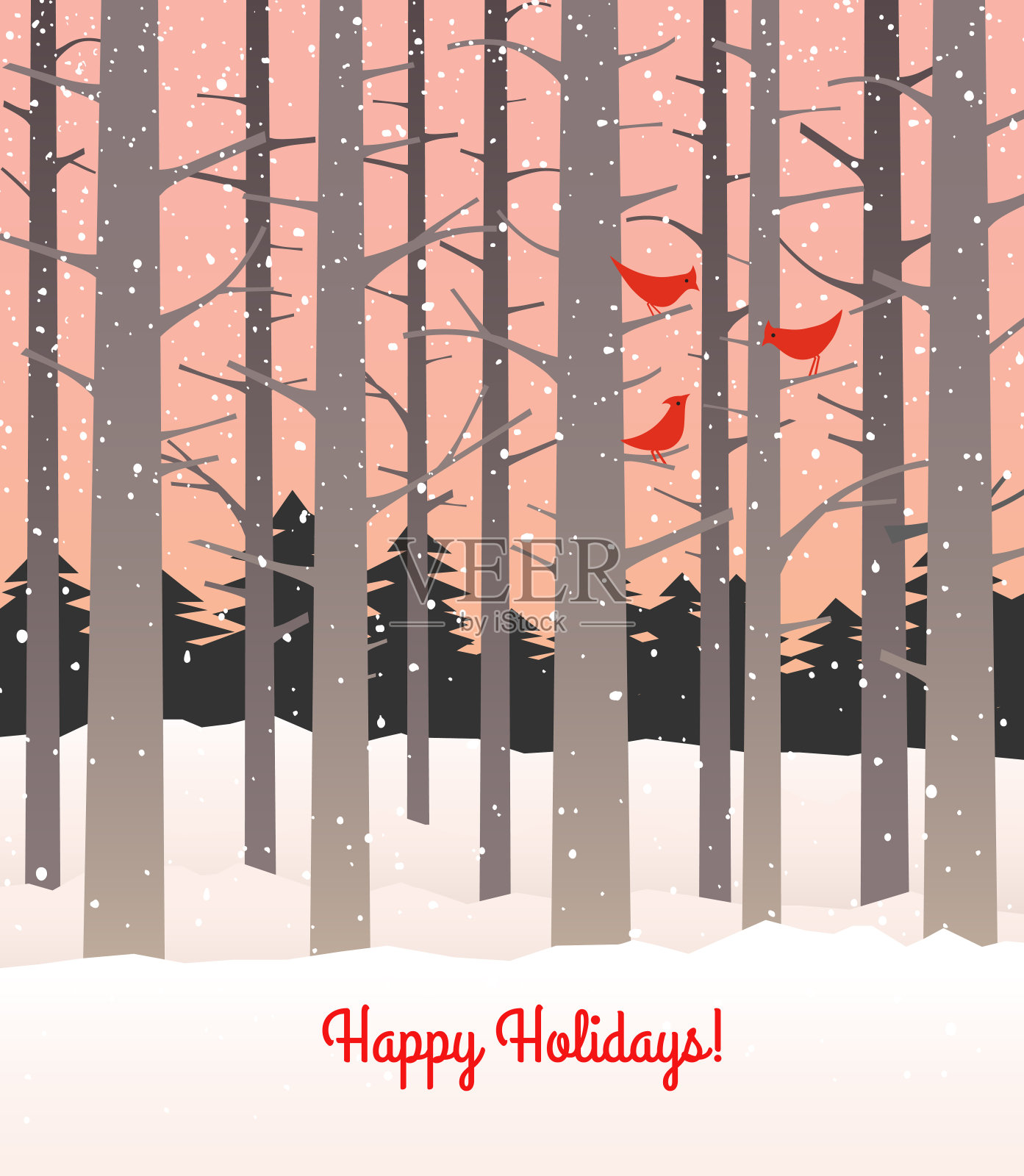冬天的树林里飘着雪花，还有红雀。粉红色背景上的高大光秃秃的树木。插画图片素材