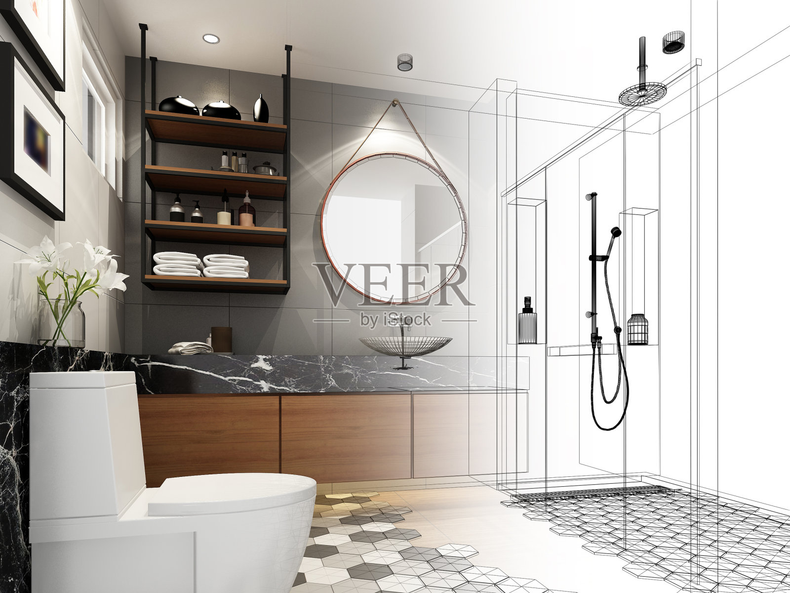 室内浴室抽象草图设计，3d效果图插画图片素材