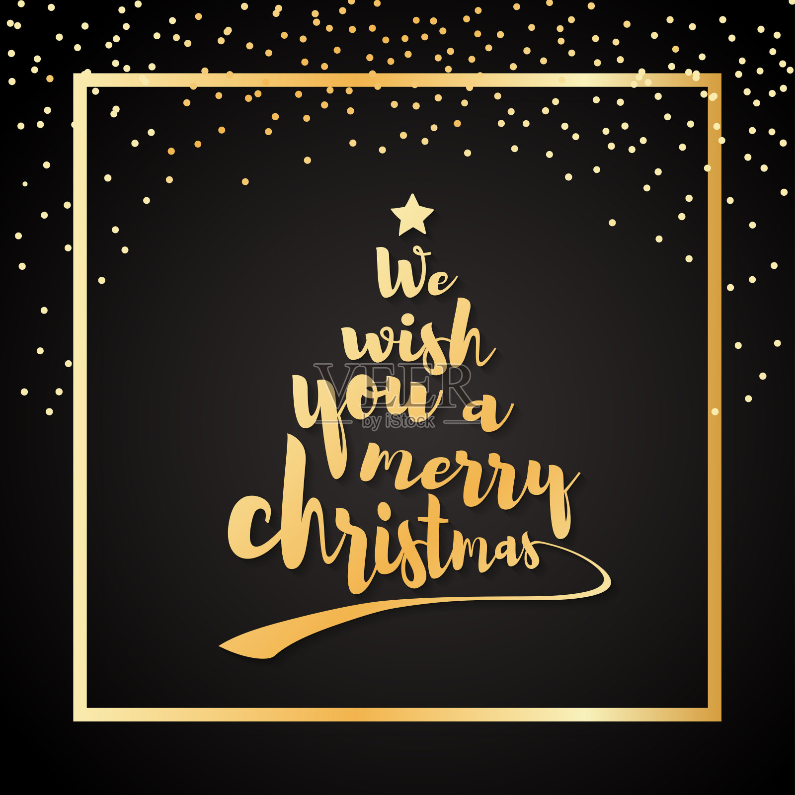 我们祝你圣诞快乐。书法文字做成圣诞树的形状，上面有一颗星星。向量艺术与黄金框架。插画图片素材