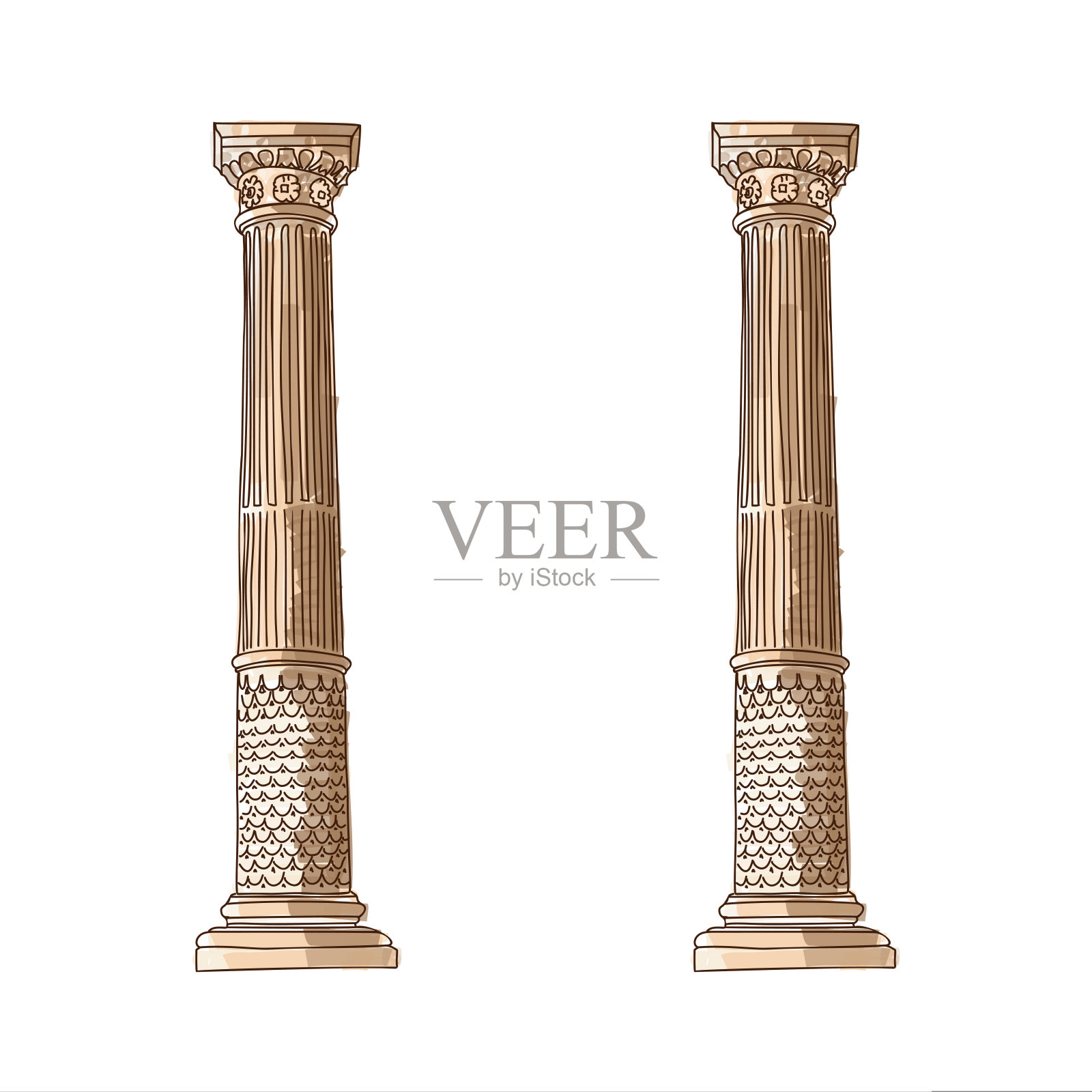 希腊式涂鸦柱，多利安式立柱，爱奥尼亚式立柱。矢量插图。古典建筑插画图片素材