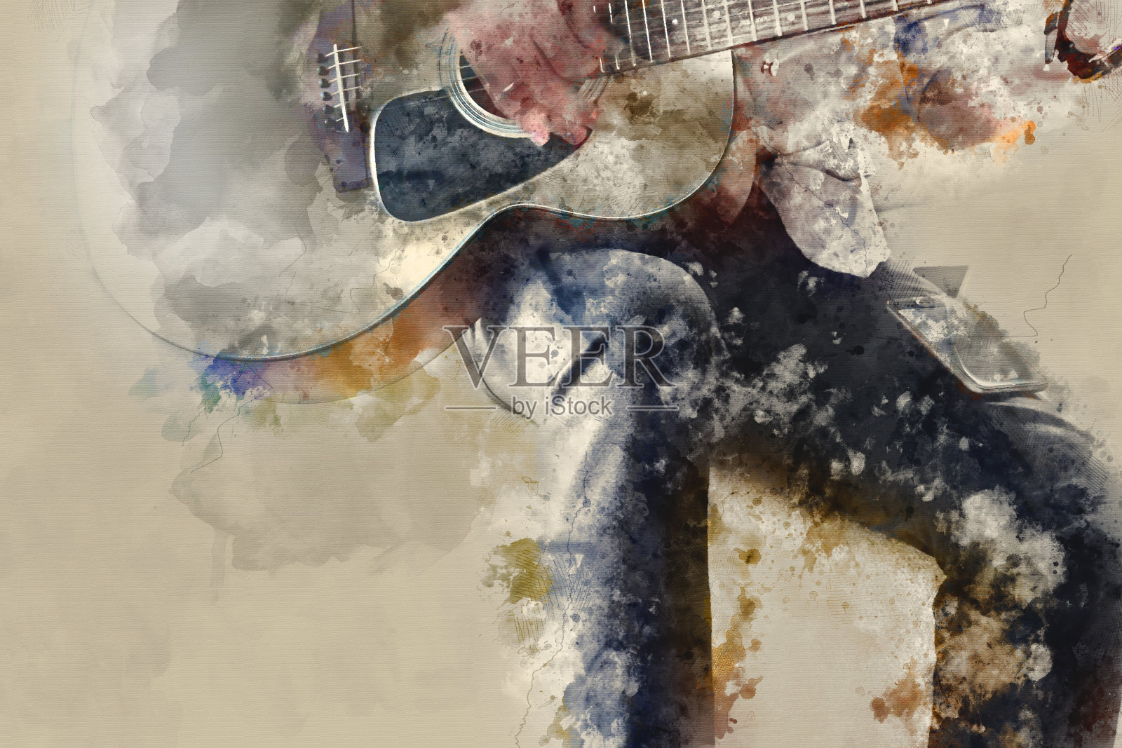 抽象美丽的吉他演奏前景上的水彩画背景和数字插图。插画图片素材