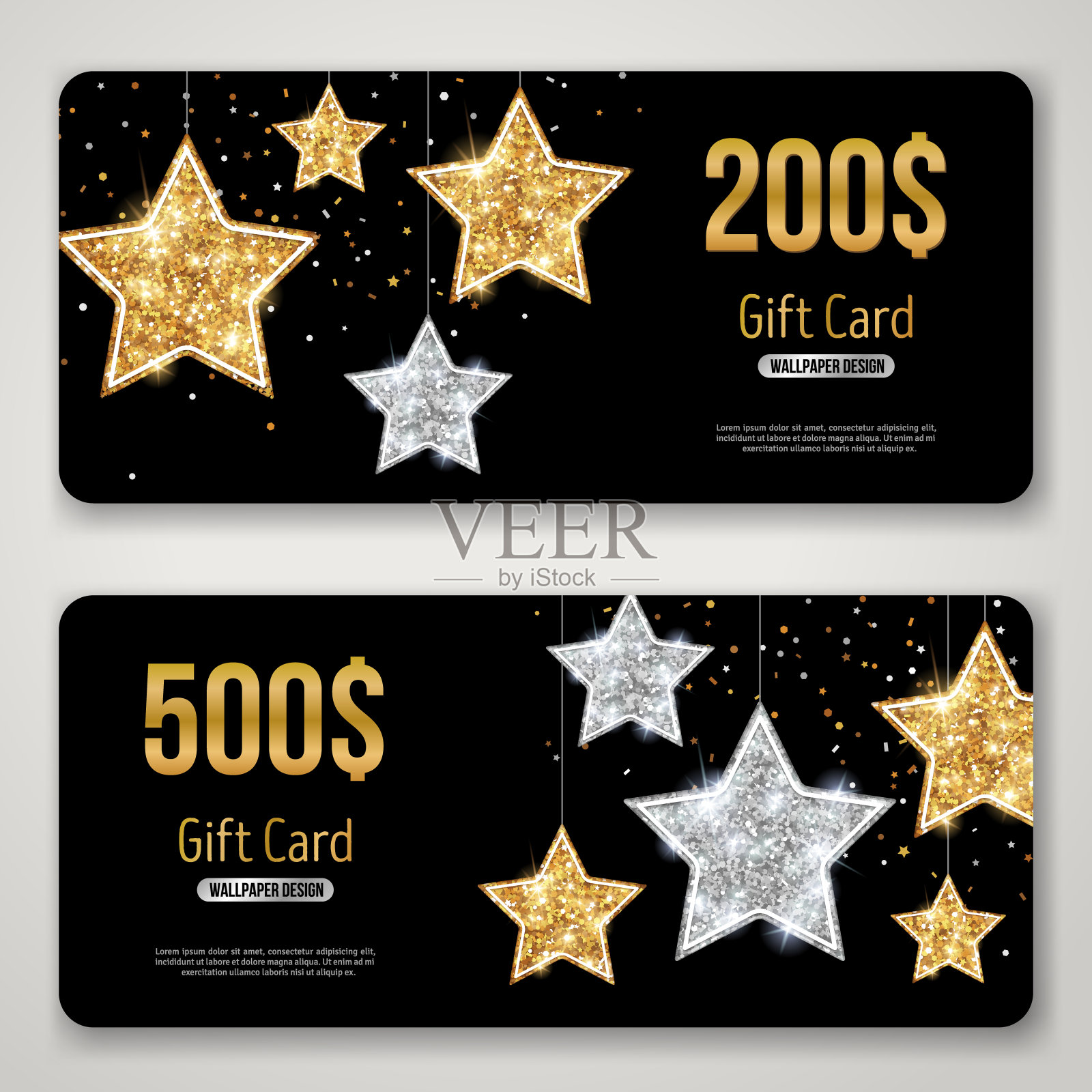 礼品卡设计与金色闪烁的星星在黑色插画图片素材