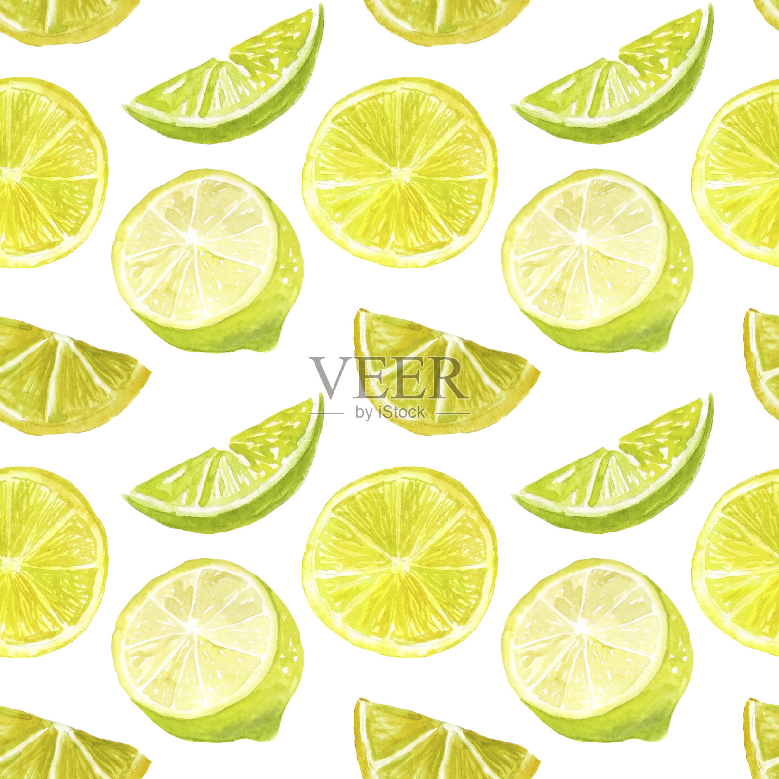 水彩插图，无缝模式上的白色背景，酸橙，柠檬，葡萄脚插画图片素材