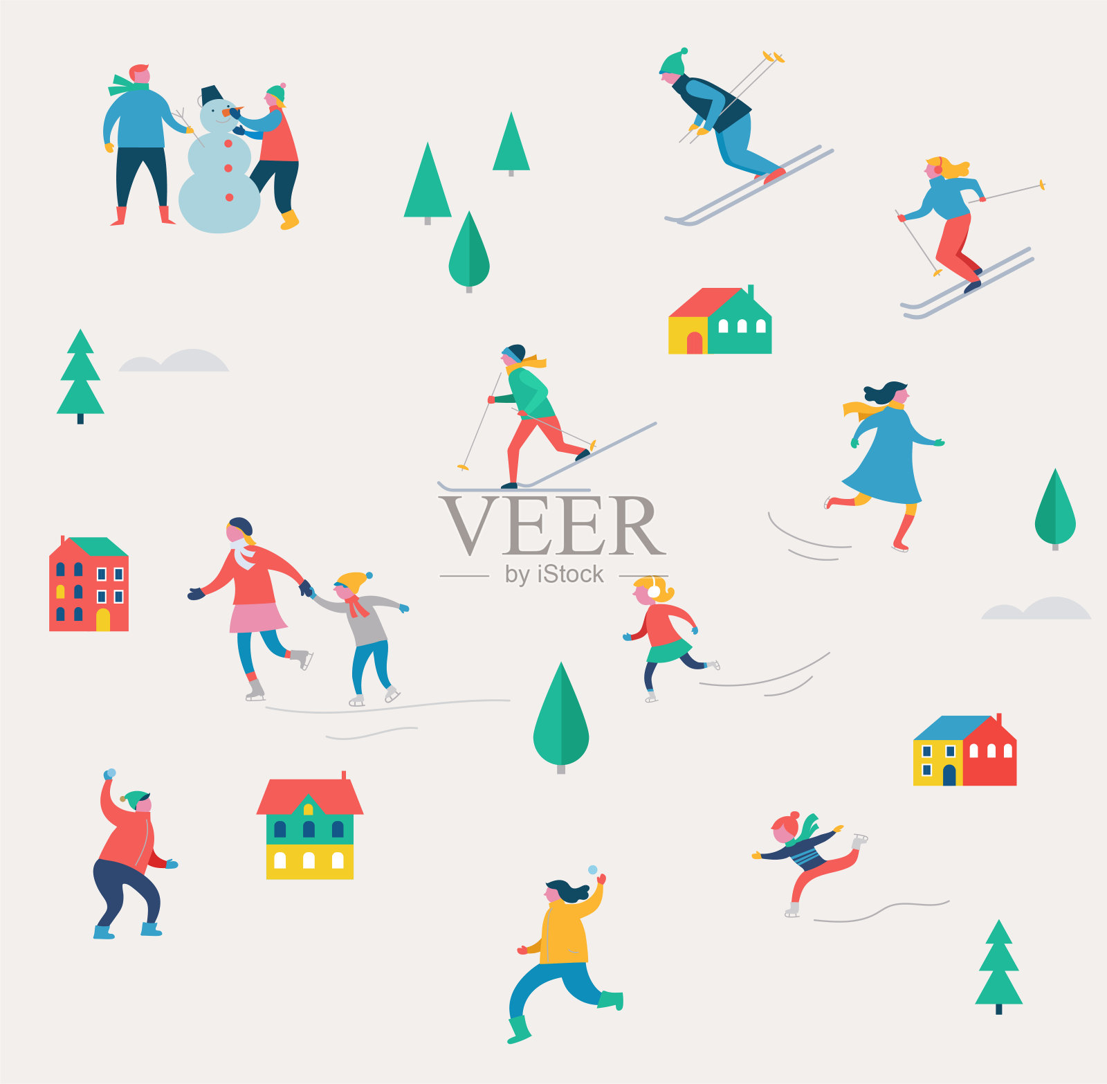 冬季运动场景，圣诞节日和集市，家庭与孩子的乐趣设计元素图片