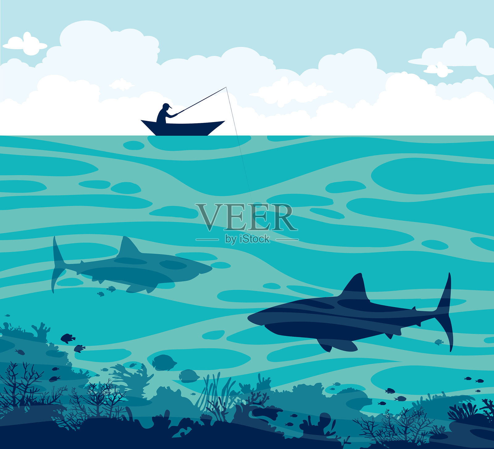 海上的钓鱼者和鲨鱼。插画图片素材