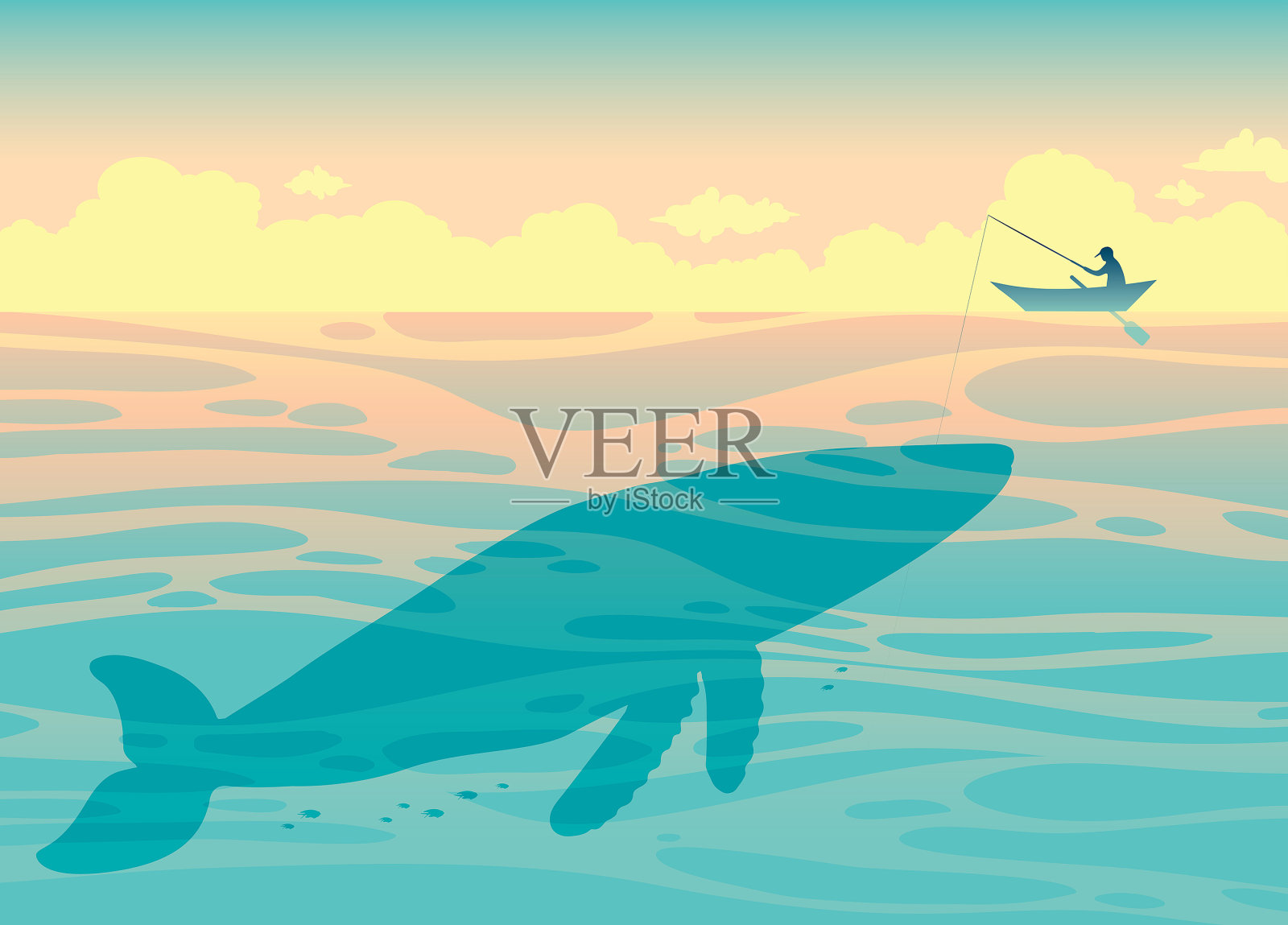 大鲸鱼和渔夫。海向量。插画图片素材