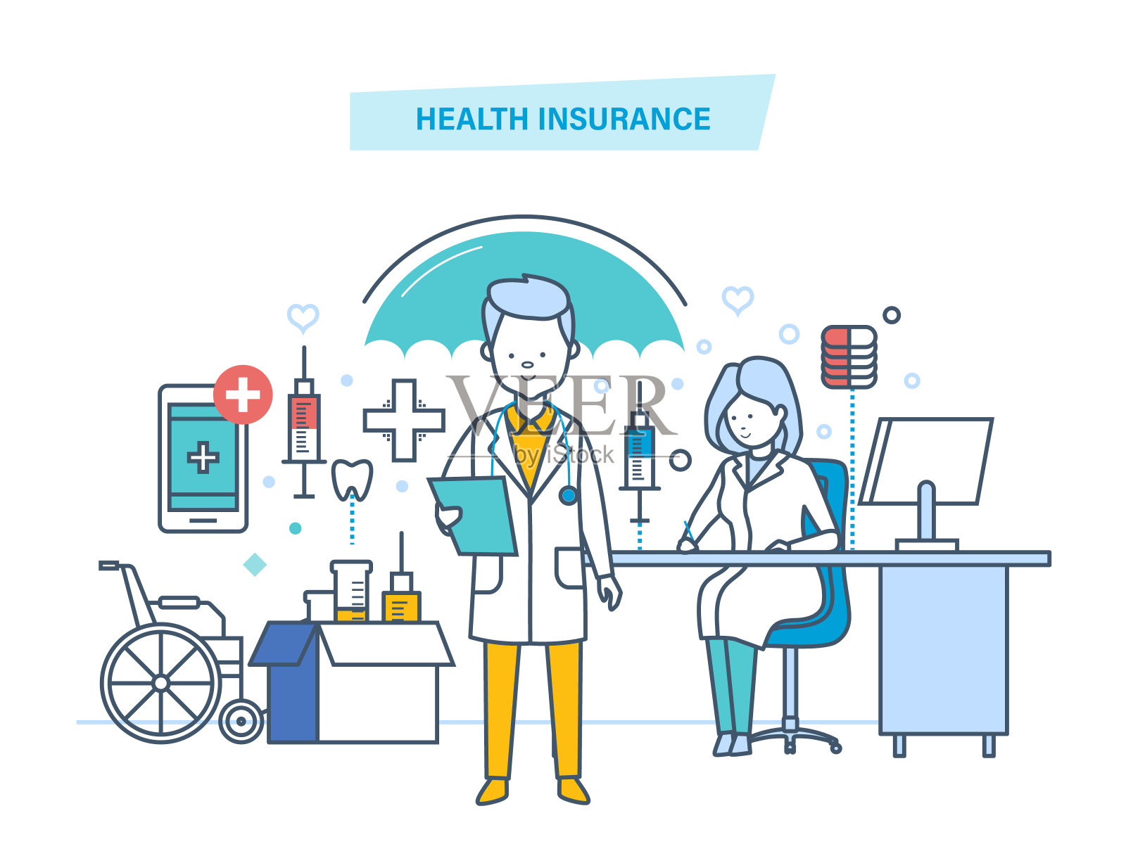 健康保险的概念。人寿及意外医疗保险插画图片素材