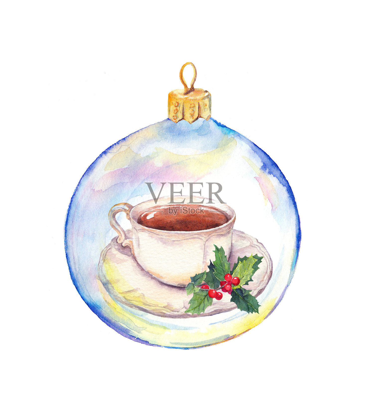 透明的小装饰品和槲寄生装饰的圣诞茶杯。水彩插画图片素材