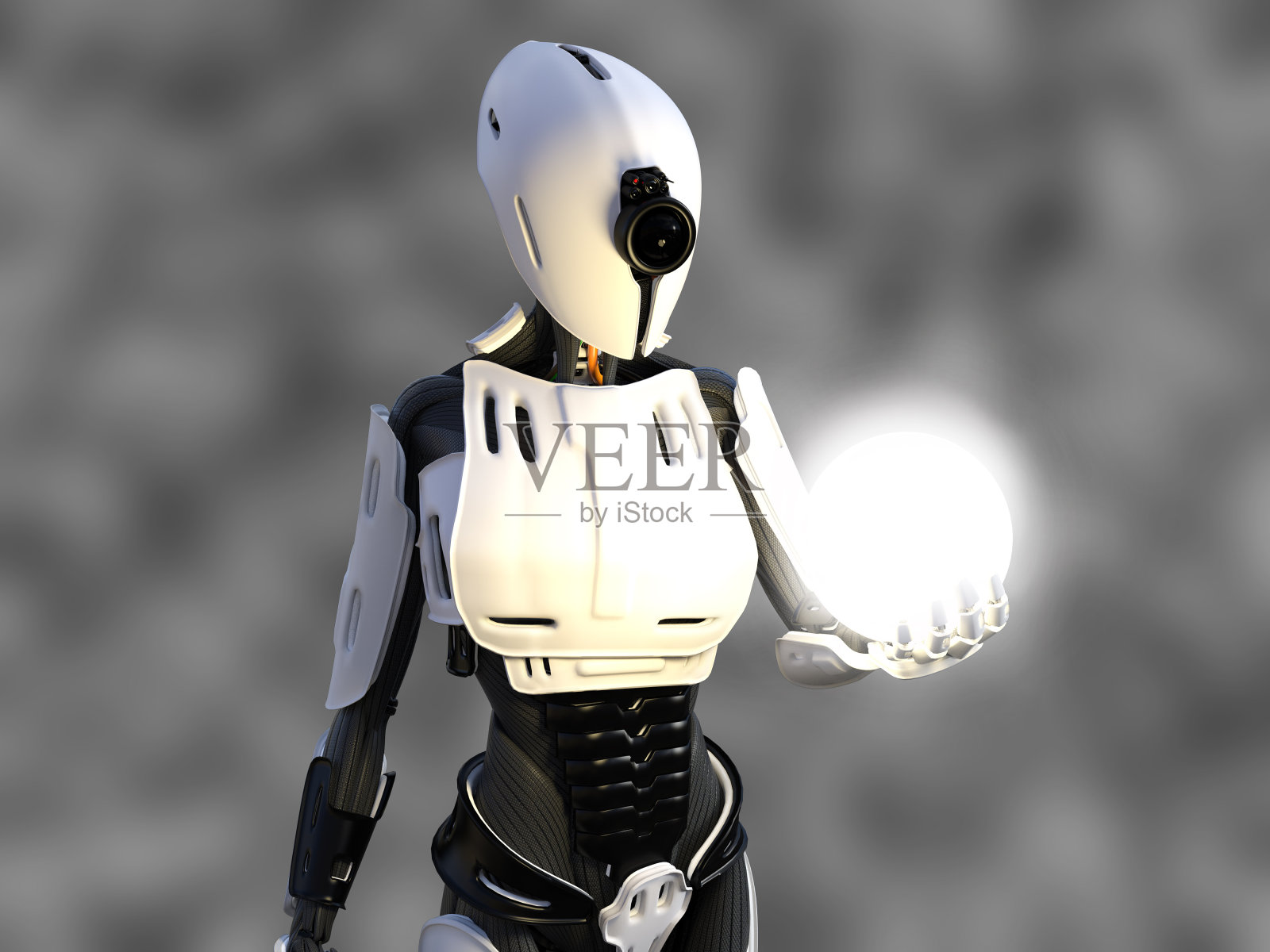 一个手持能量球的女性机器人的3D渲染图。插画图片素材
