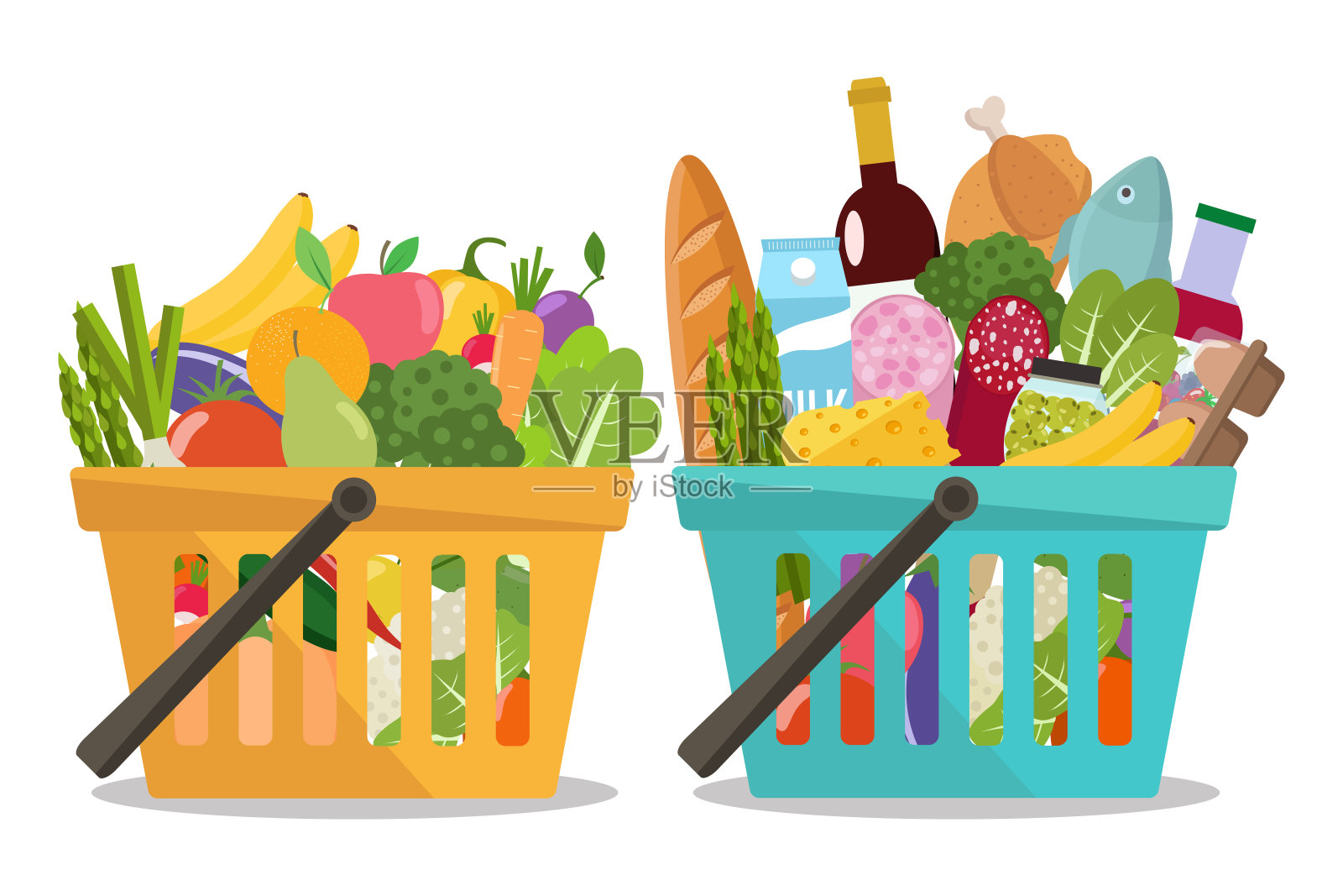 食品店在购物篮里，蔬菜和水果在购物篮里。插画图片素材