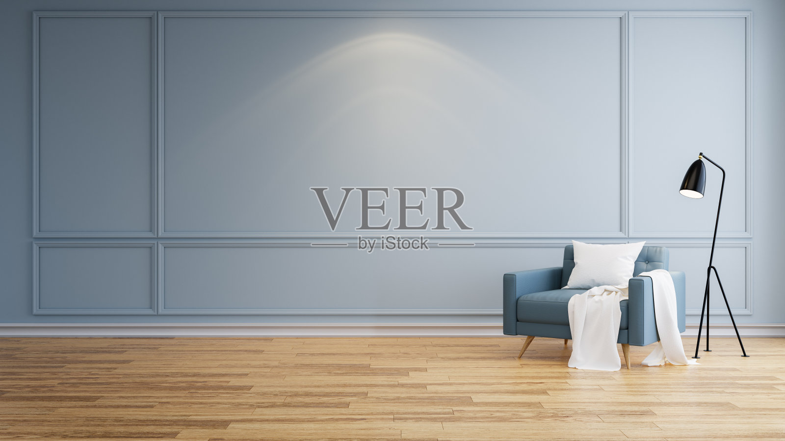 现代简约的客厅内部，木地板和蓝色墙壁上的蓝色扶手椅，3d渲染插画图片素材
