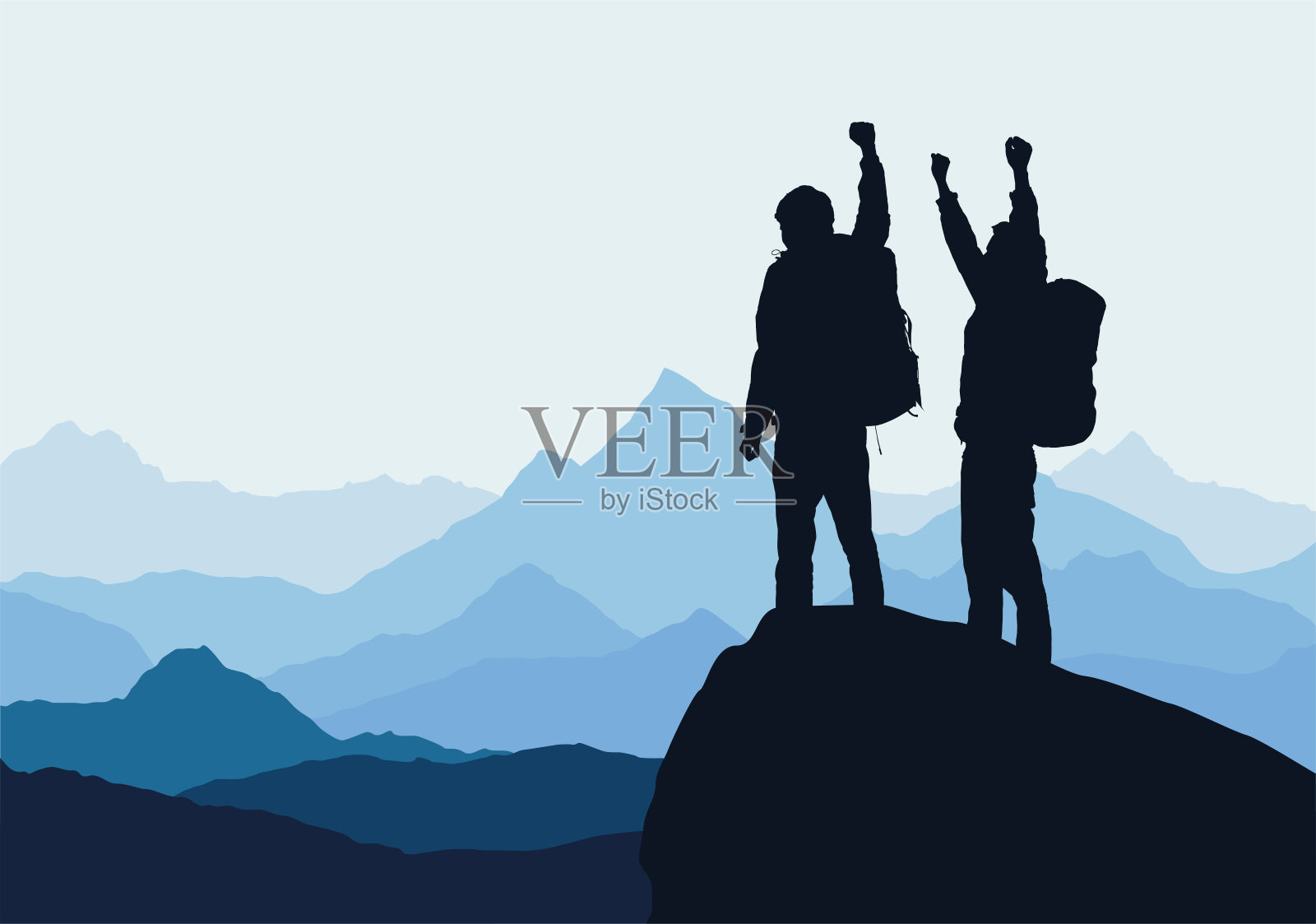 矢量插图的山景观与两名男子在岩石上庆祝成功举起手插画图片素材