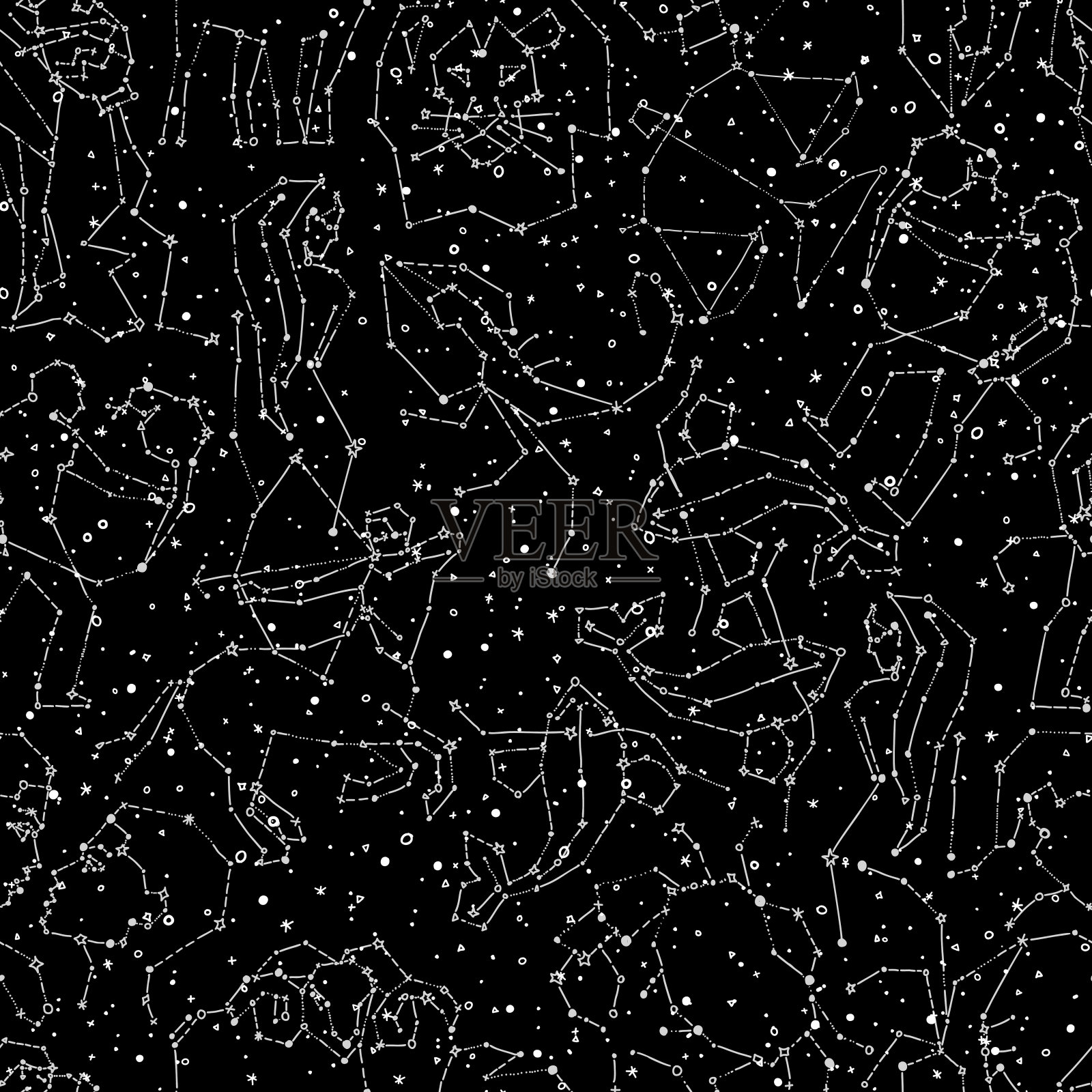占星手画无缝图案，所有的黄道星座以星座风格与线条和星星在无尽的背景。十二生肖星座的涂鸦背景插画图片素材