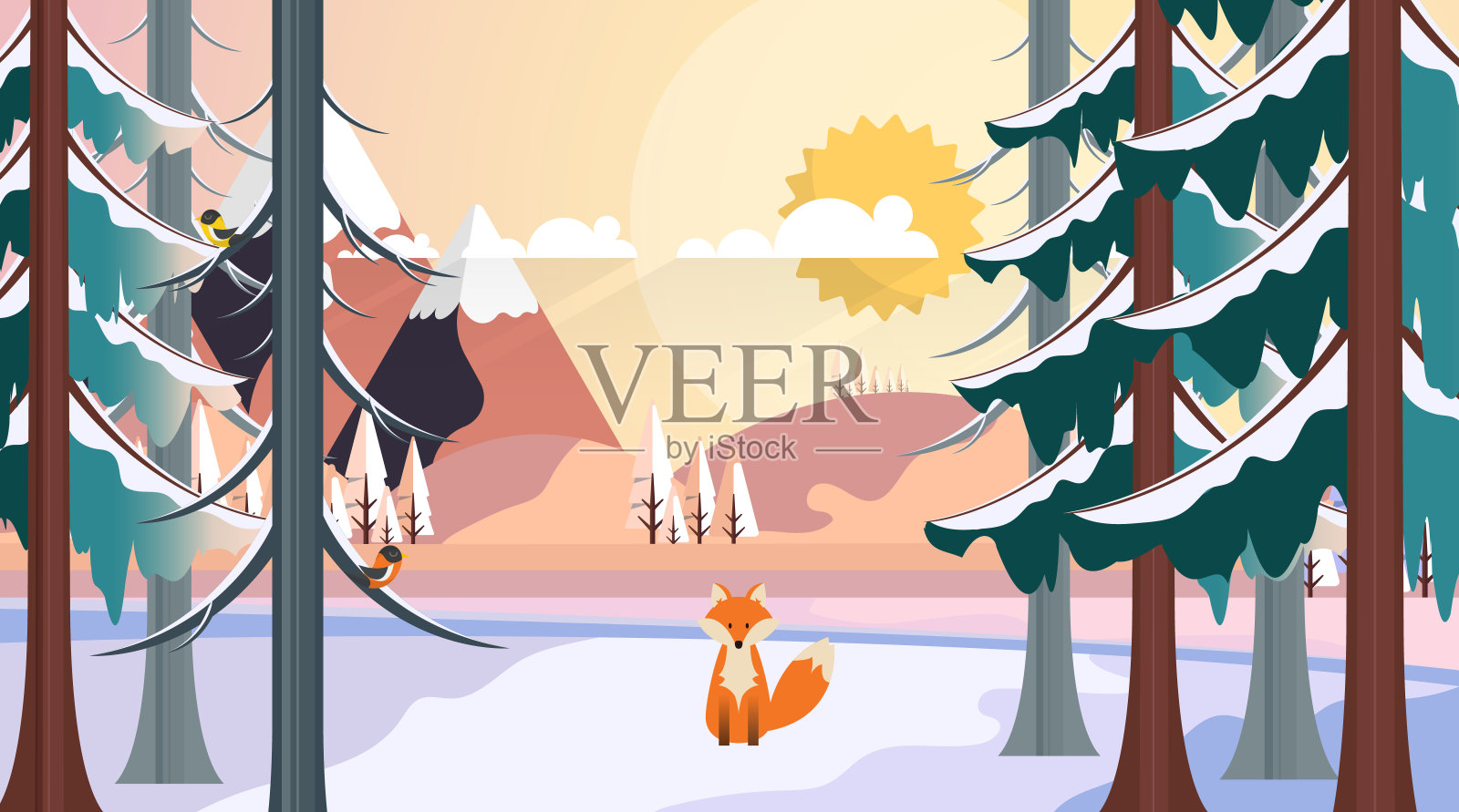 冬季景观与狐狸在平面风格插图插画图片素材