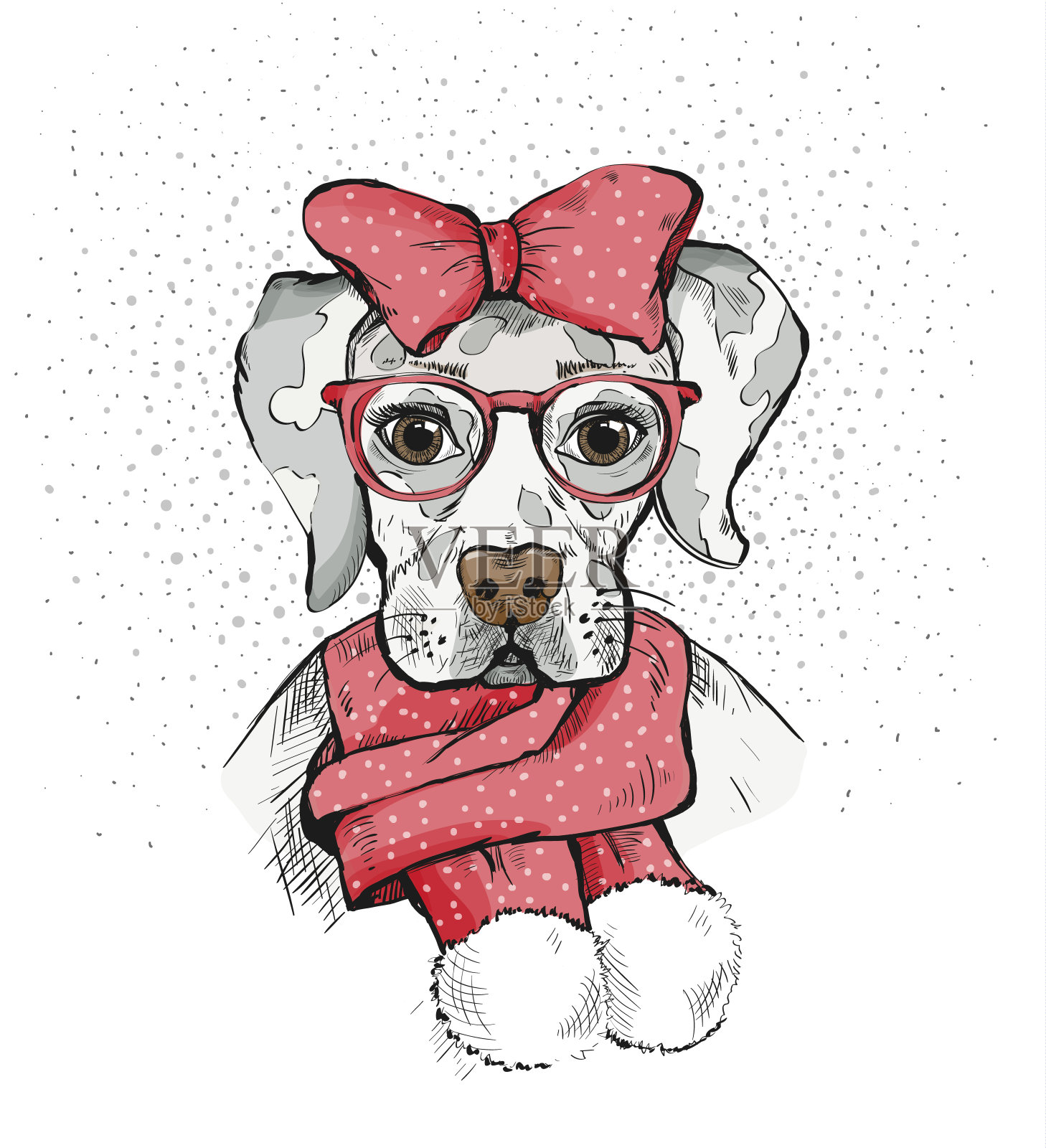 可爱的女孩狗在一个冬天的围巾和红色的蝴蝶结在它的头上。血统的狗。拉布拉多。插画图片素材
