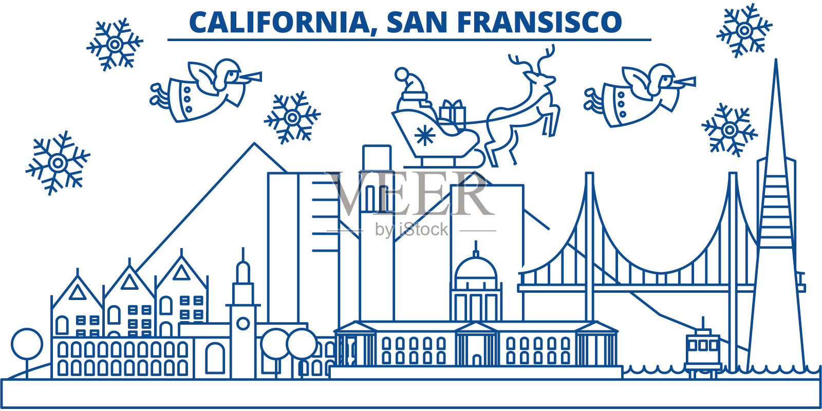 美国加州旧金山冬季城市天际线。圣诞快乐，新年快乐的横幅装饰。冬天的贺卡上有雪花和圣诞老人。平,行向量。线性圣诞插图插画图片素材