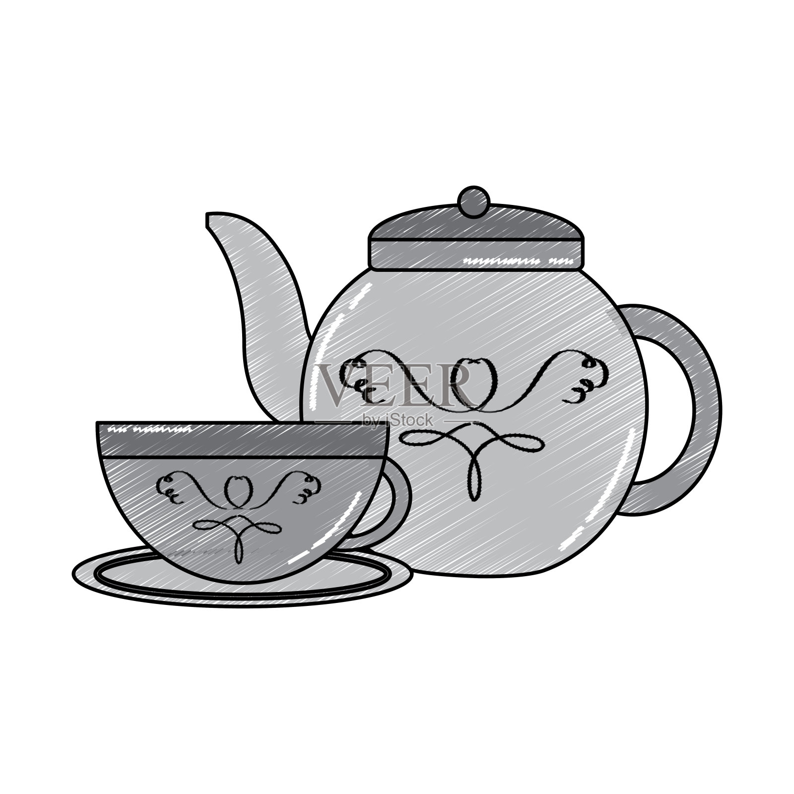 瓷质茶壶和带有盘子的茶杯插画图片素材